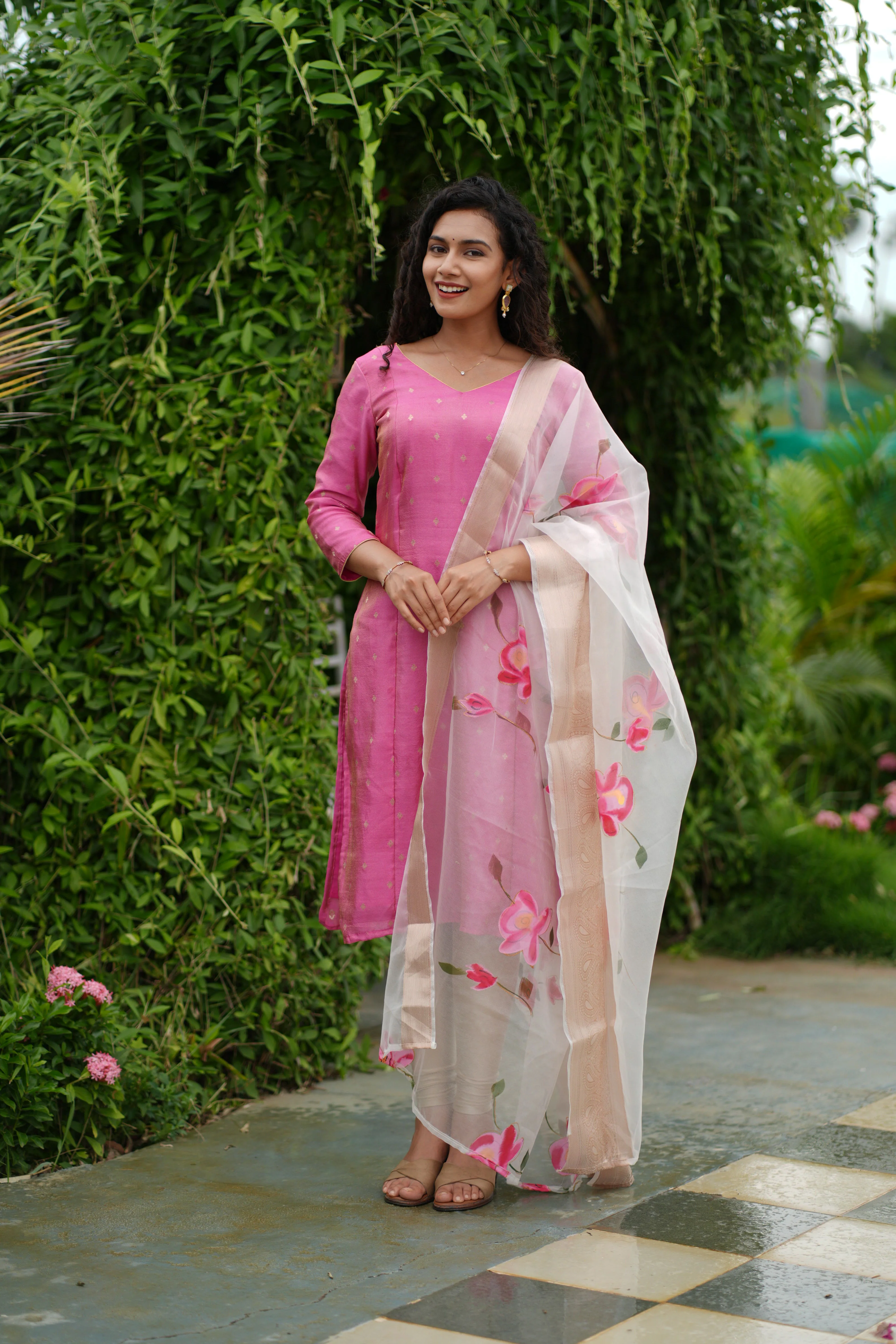 Malini Pink with White Organza Dupatta - Image 3