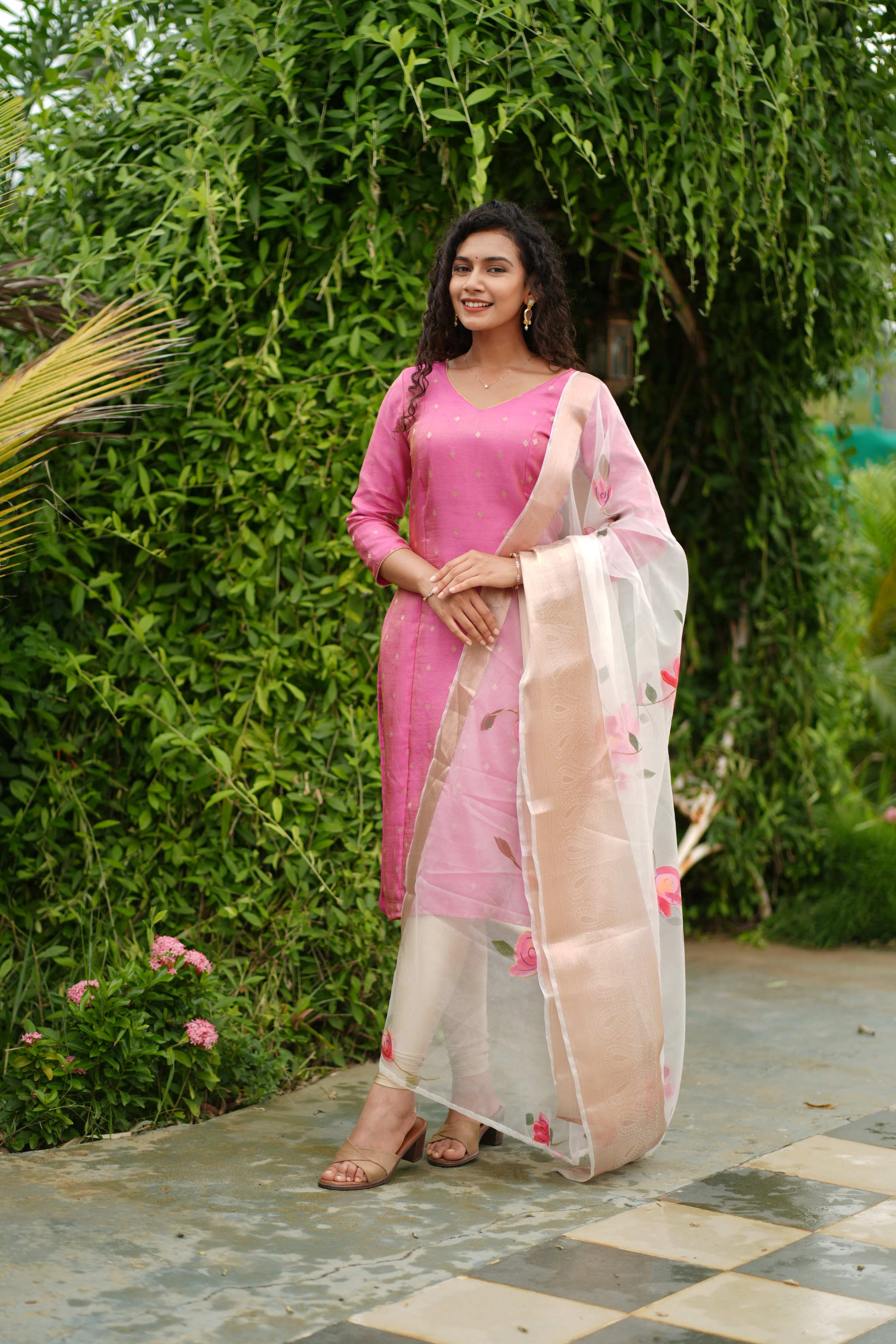 Malini Pink with White Organza Dupatta - Image 4
