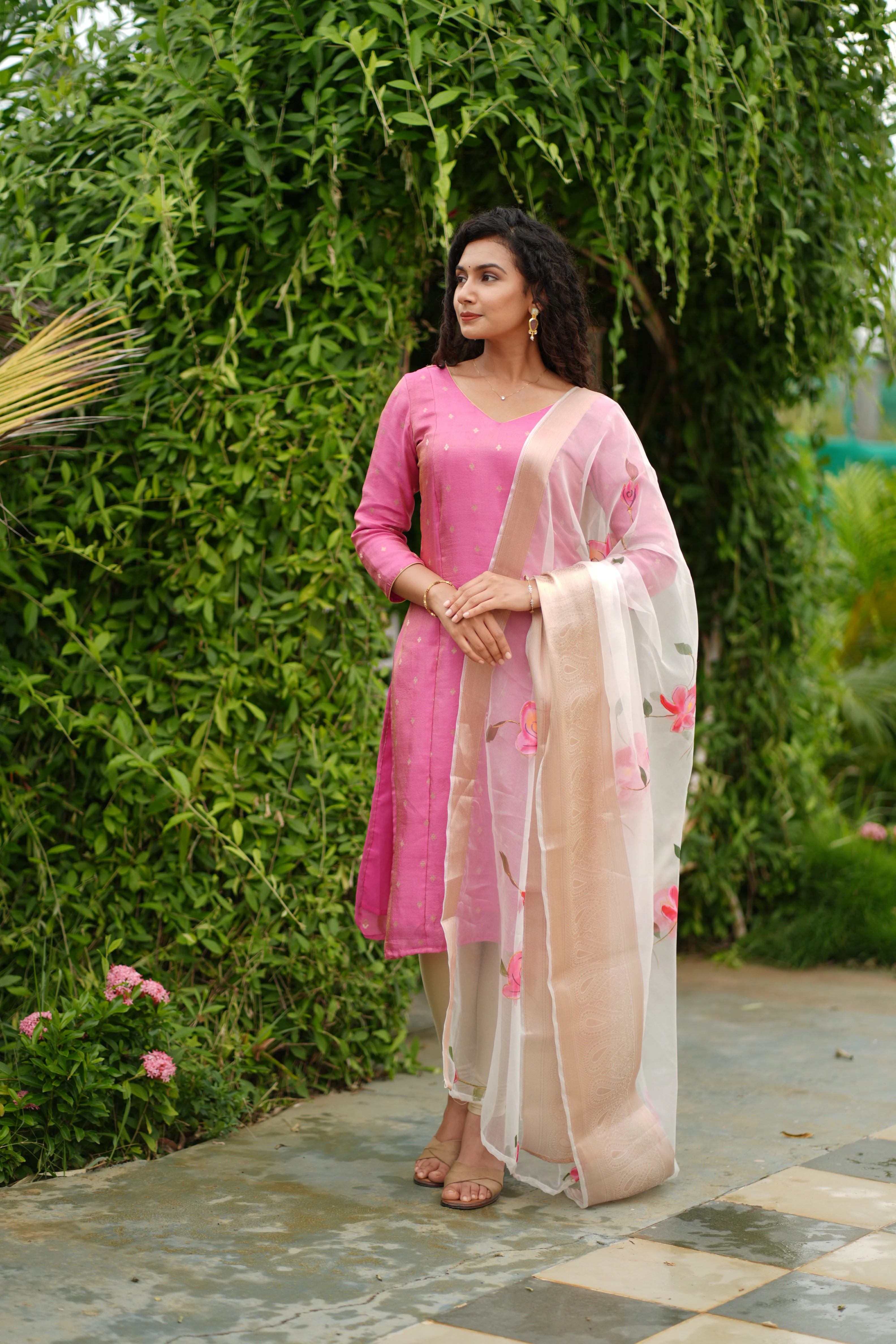 Malini Pink with White Organza Dupatta - Image 5