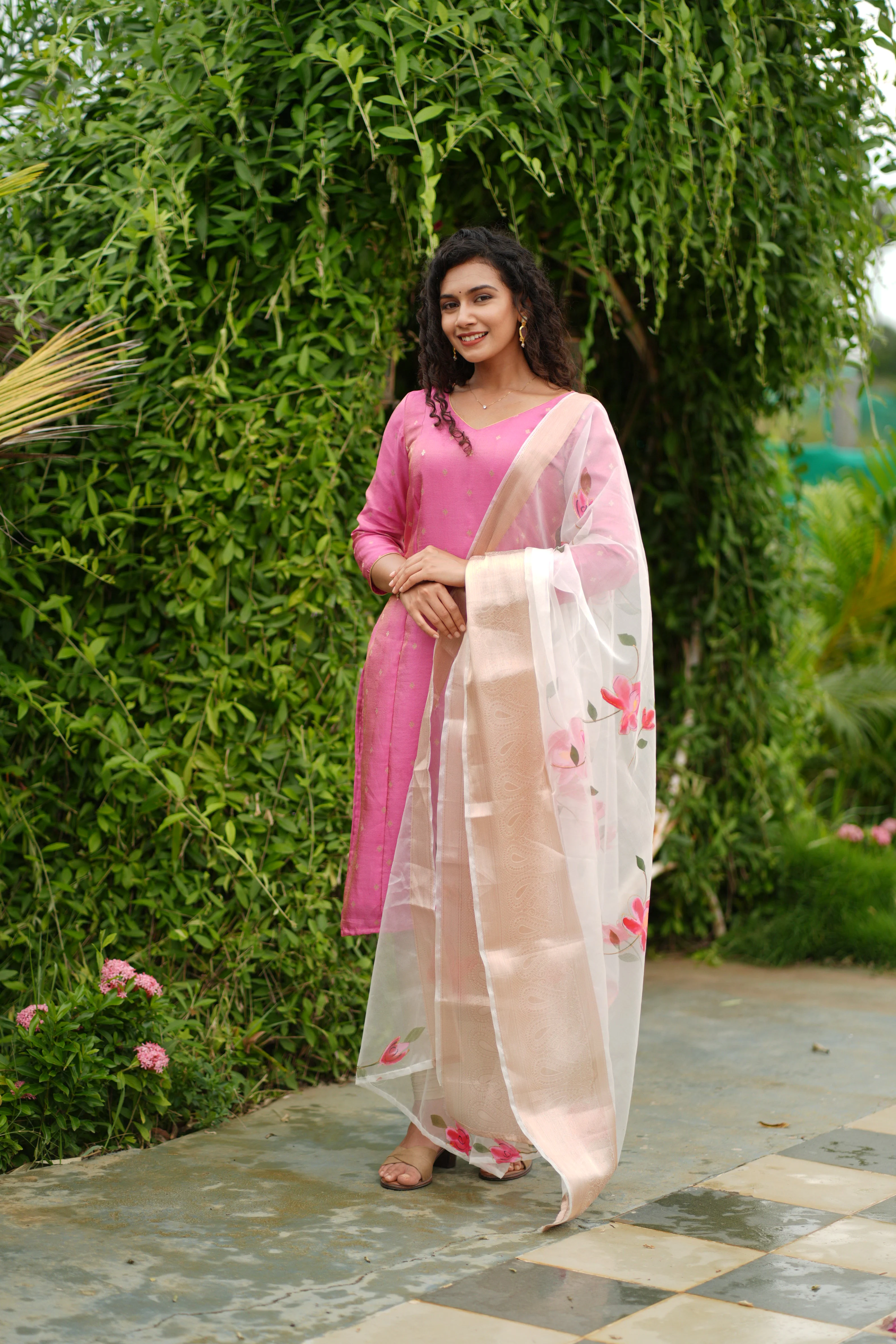 Malini Pink with White Organza Dupatta - Image 6