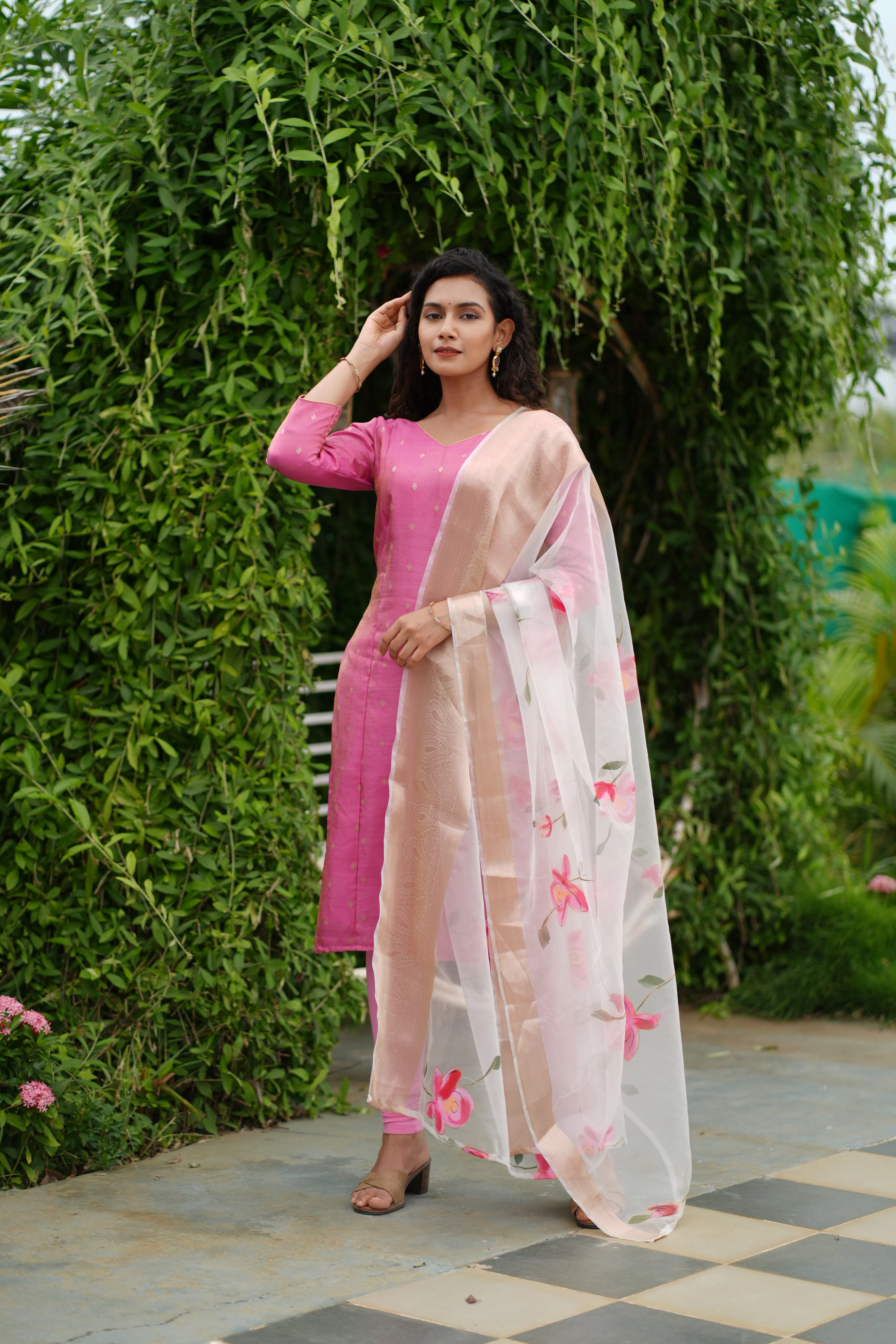 Malini Pink with White Organza Dupatta - Image 7