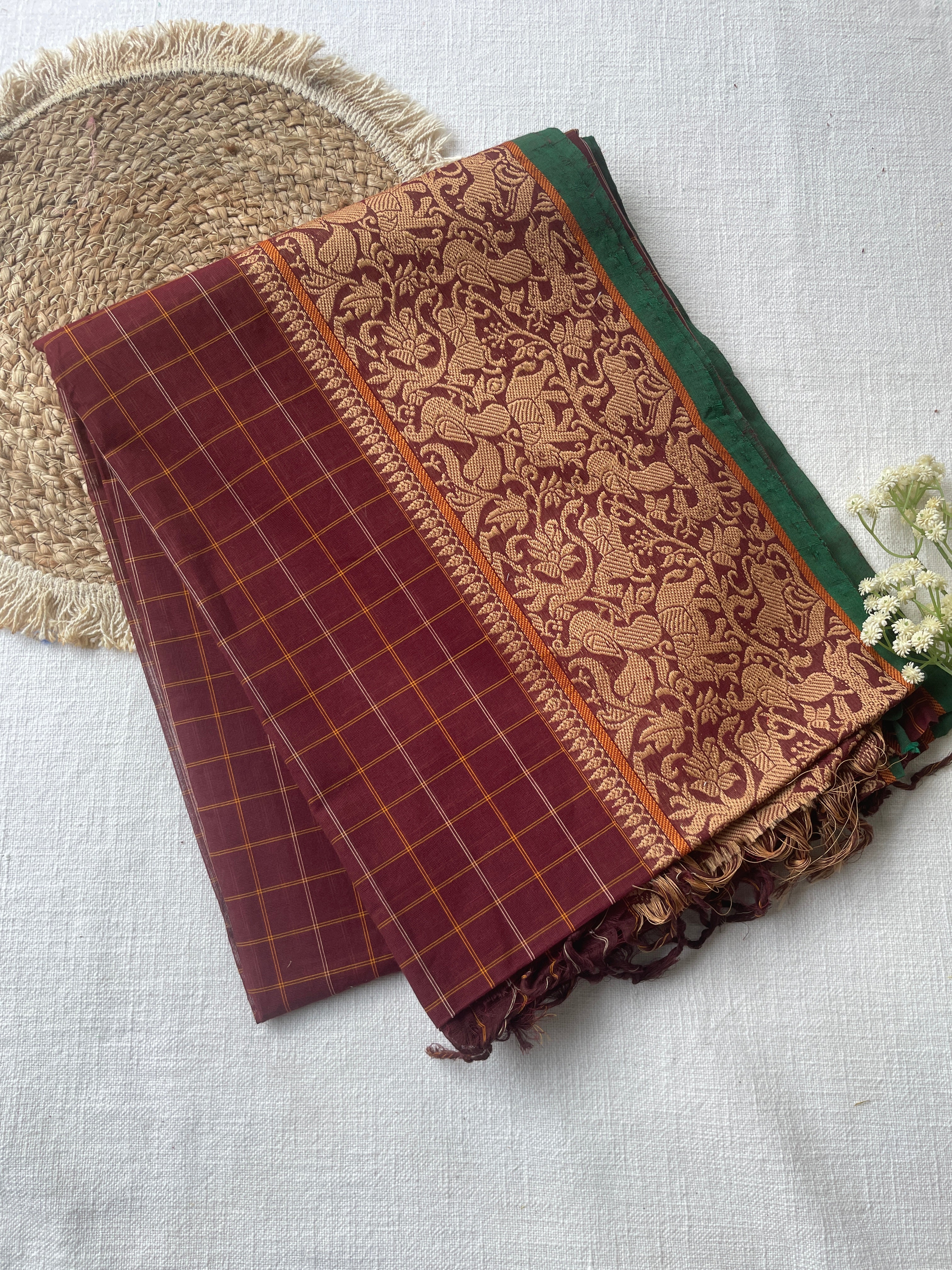 Maroon & Green Handloom Cotton Saree