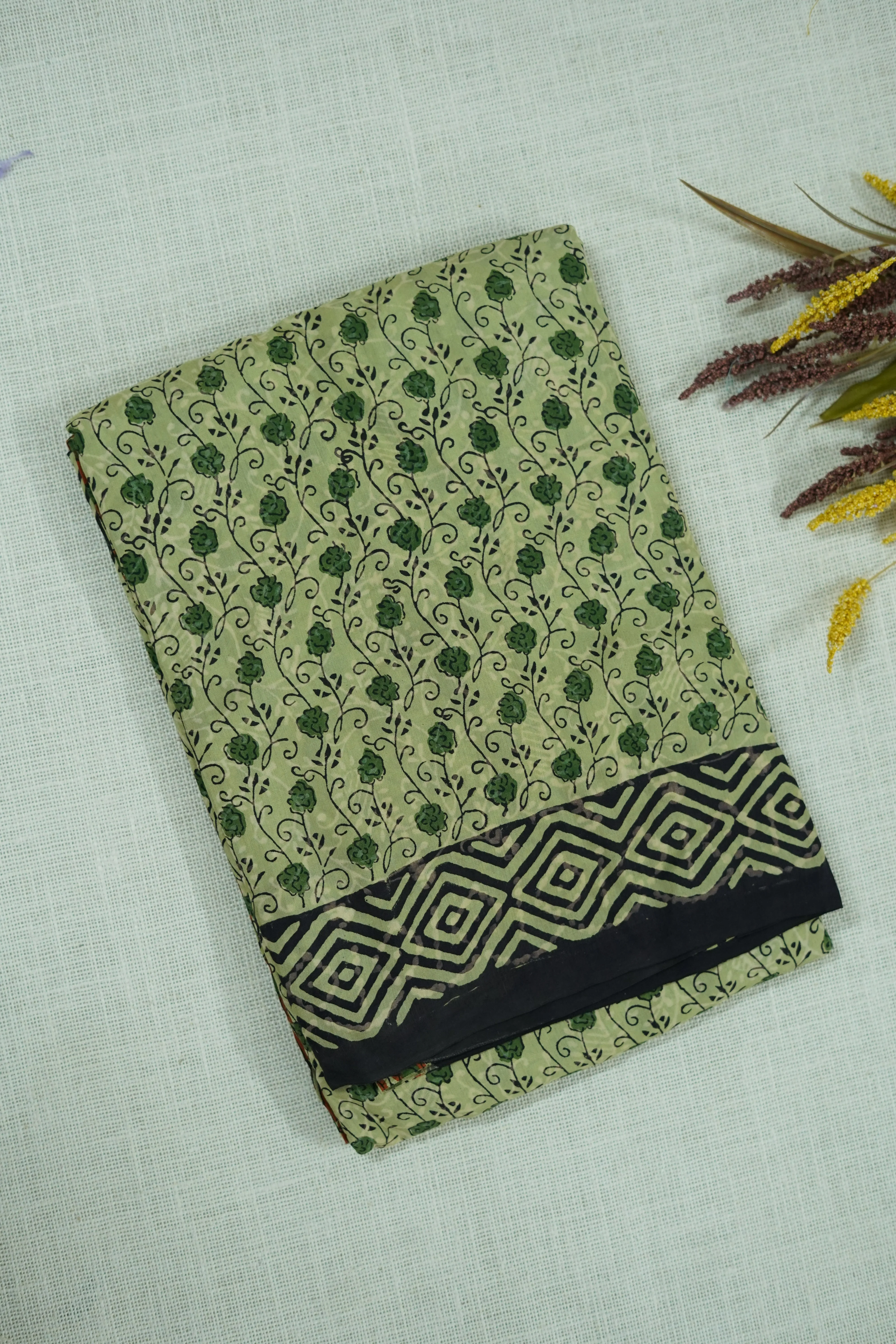 Mint Green Floral Print Chettinad Cotton Saree