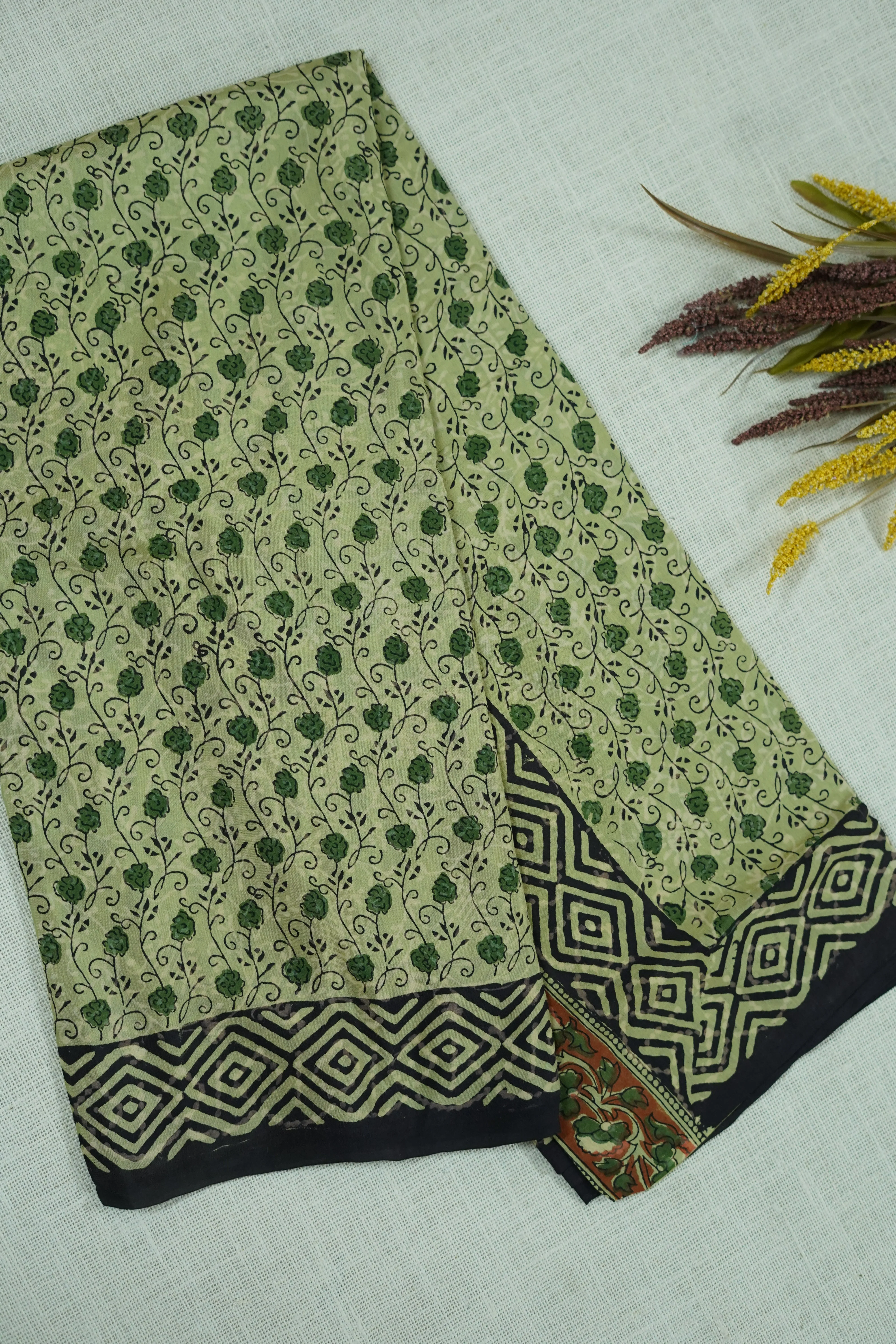 Mint Green Floral Print Chettinad Cotton Saree - Image 2