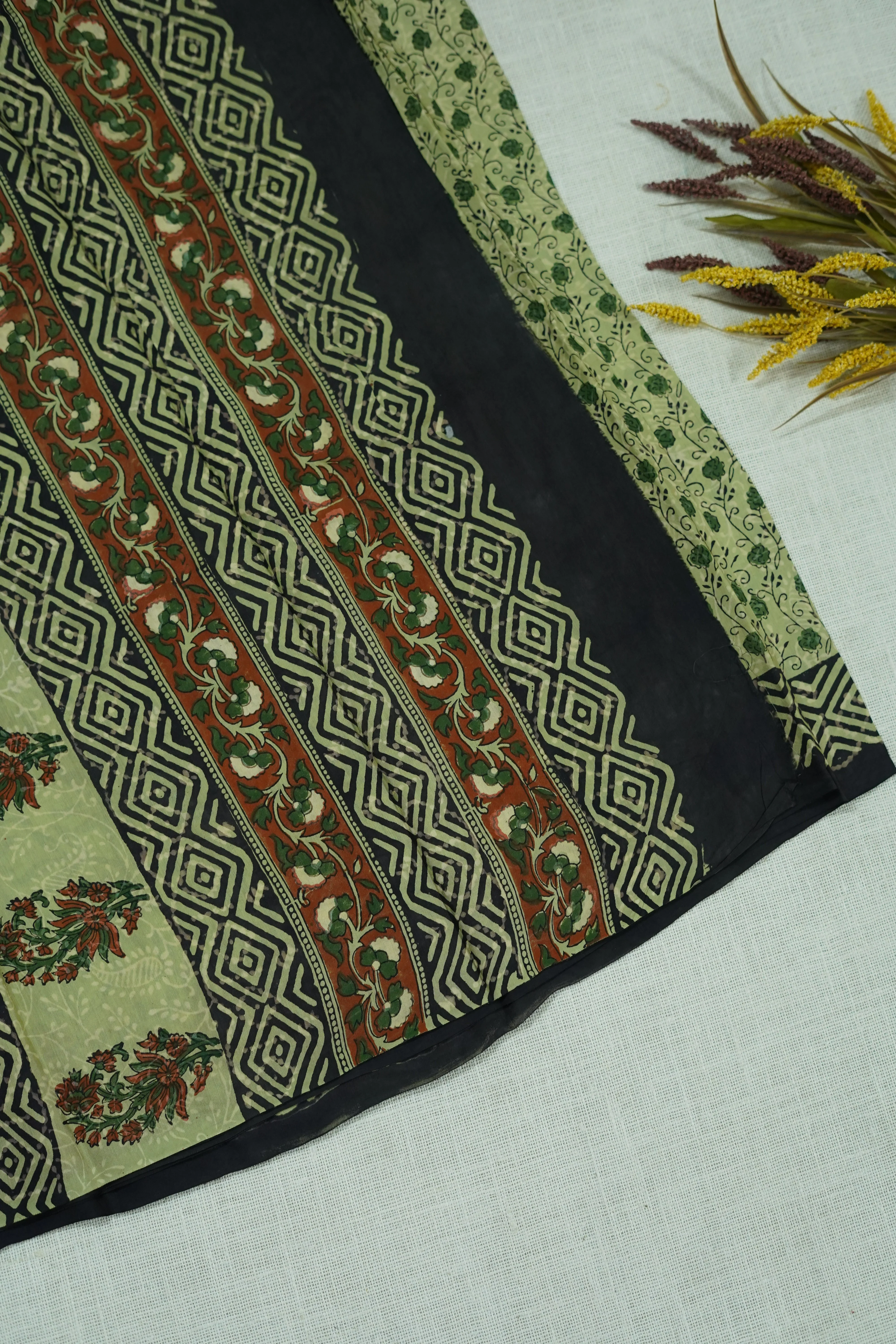 Mint Green Floral Print Chettinad Cotton Saree - Image 3