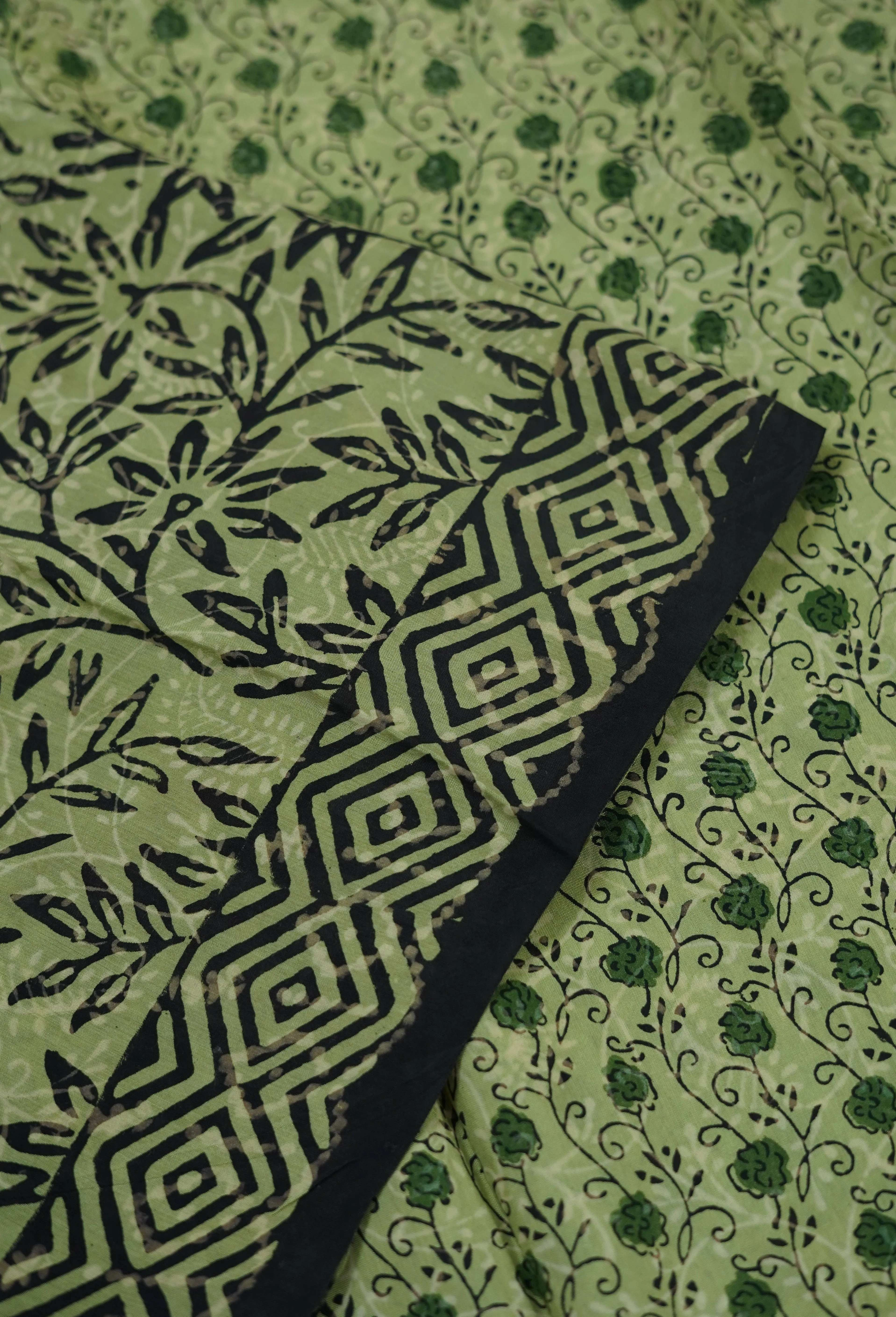 Mint Green Floral Print Chettinad Cotton Saree - Image 4