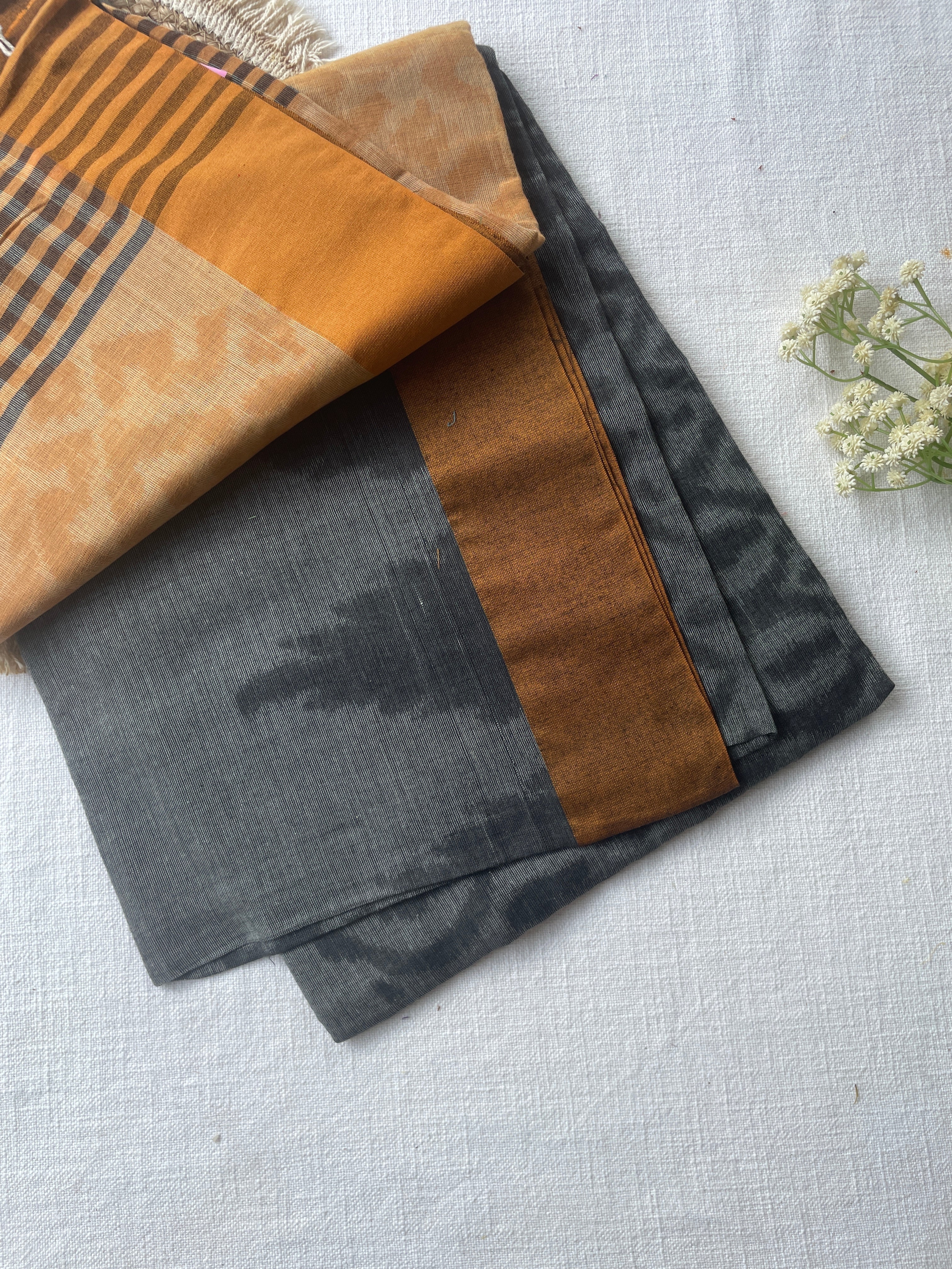 Mustard & Charcoal Mul Cotton Saree - Image 4