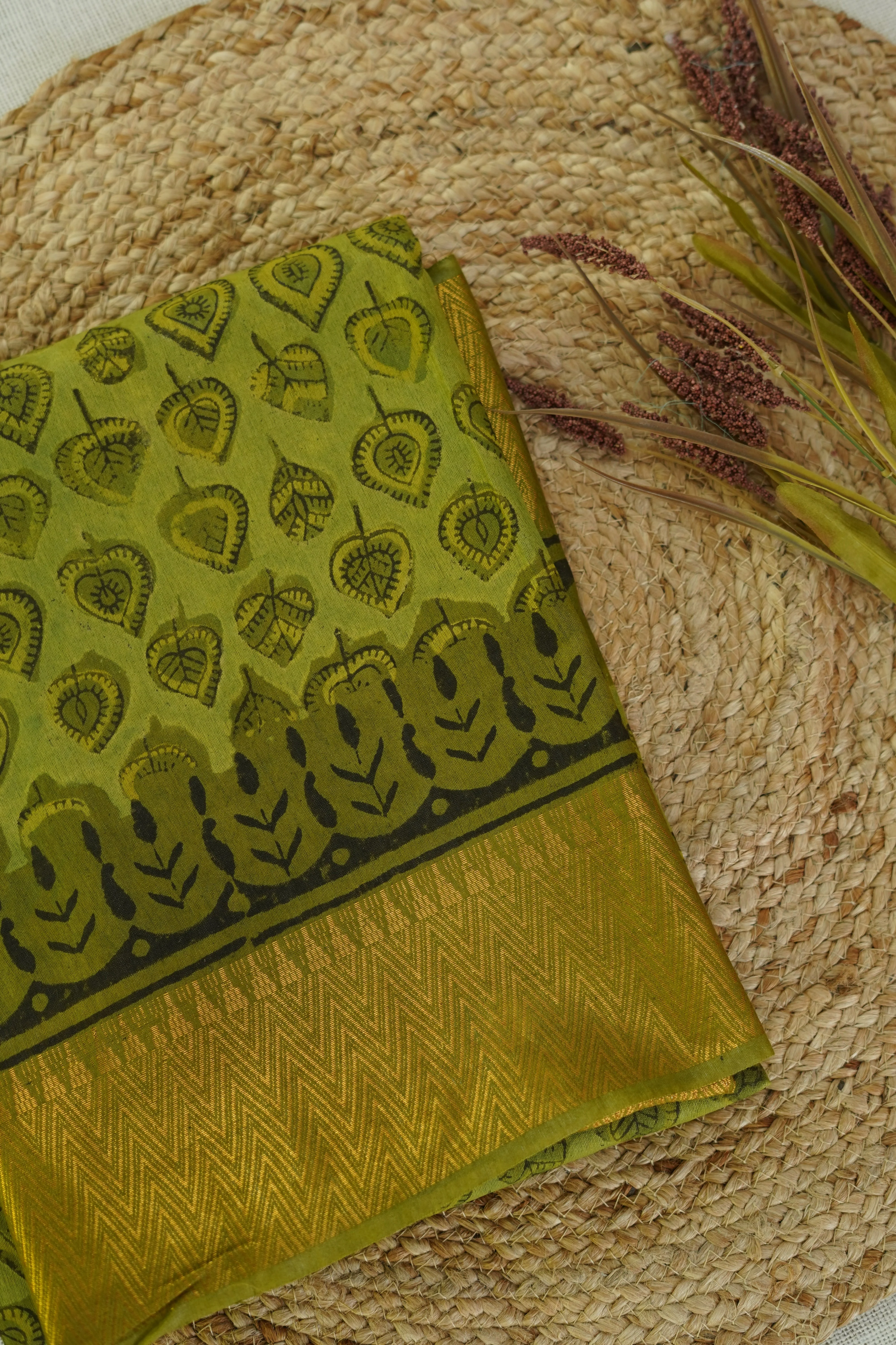 Olive Green Leaf Print Chettinad Cotton Saree