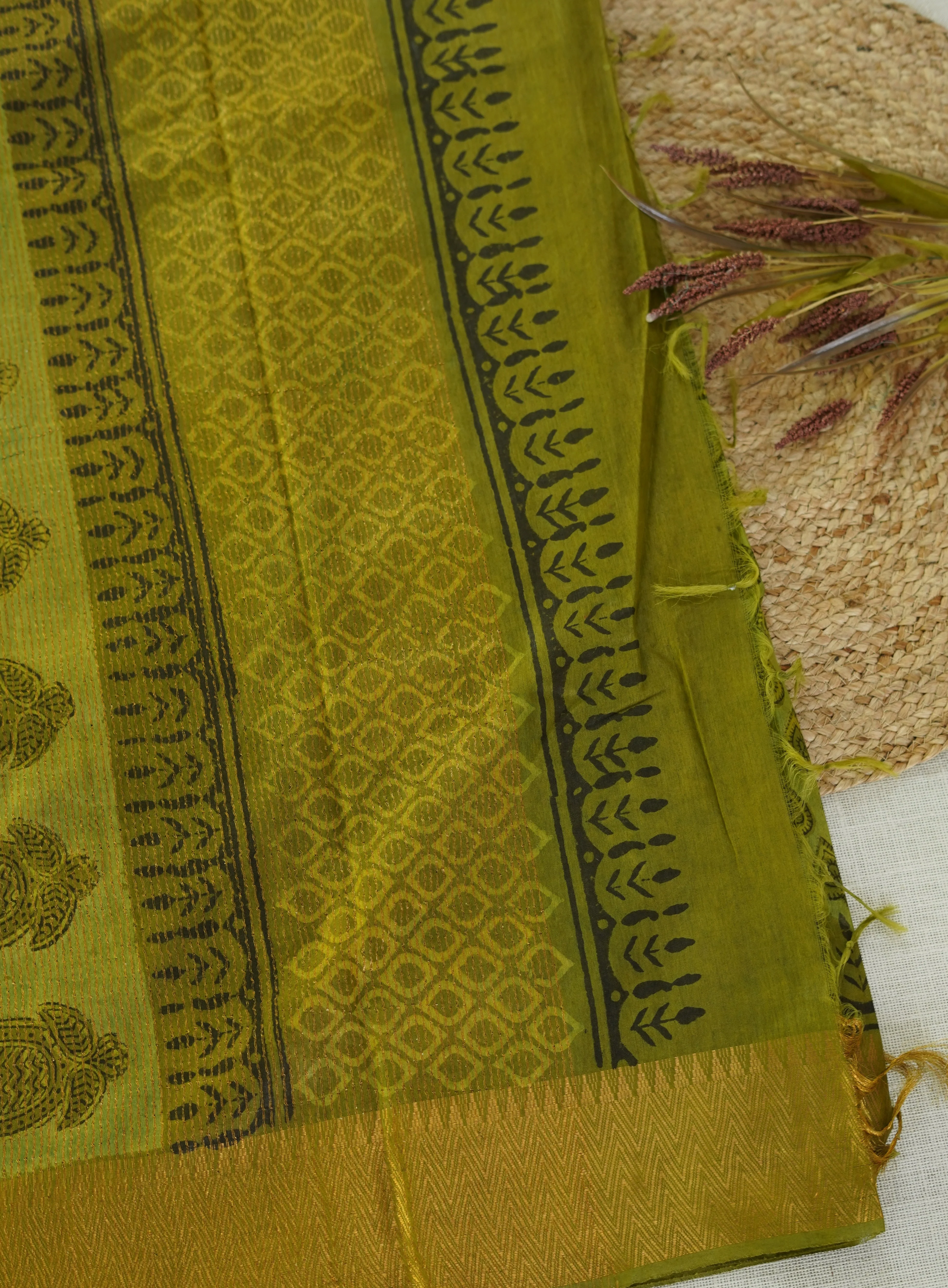 Olive Green Leaf Print Chettinad Cotton Saree - Image 3