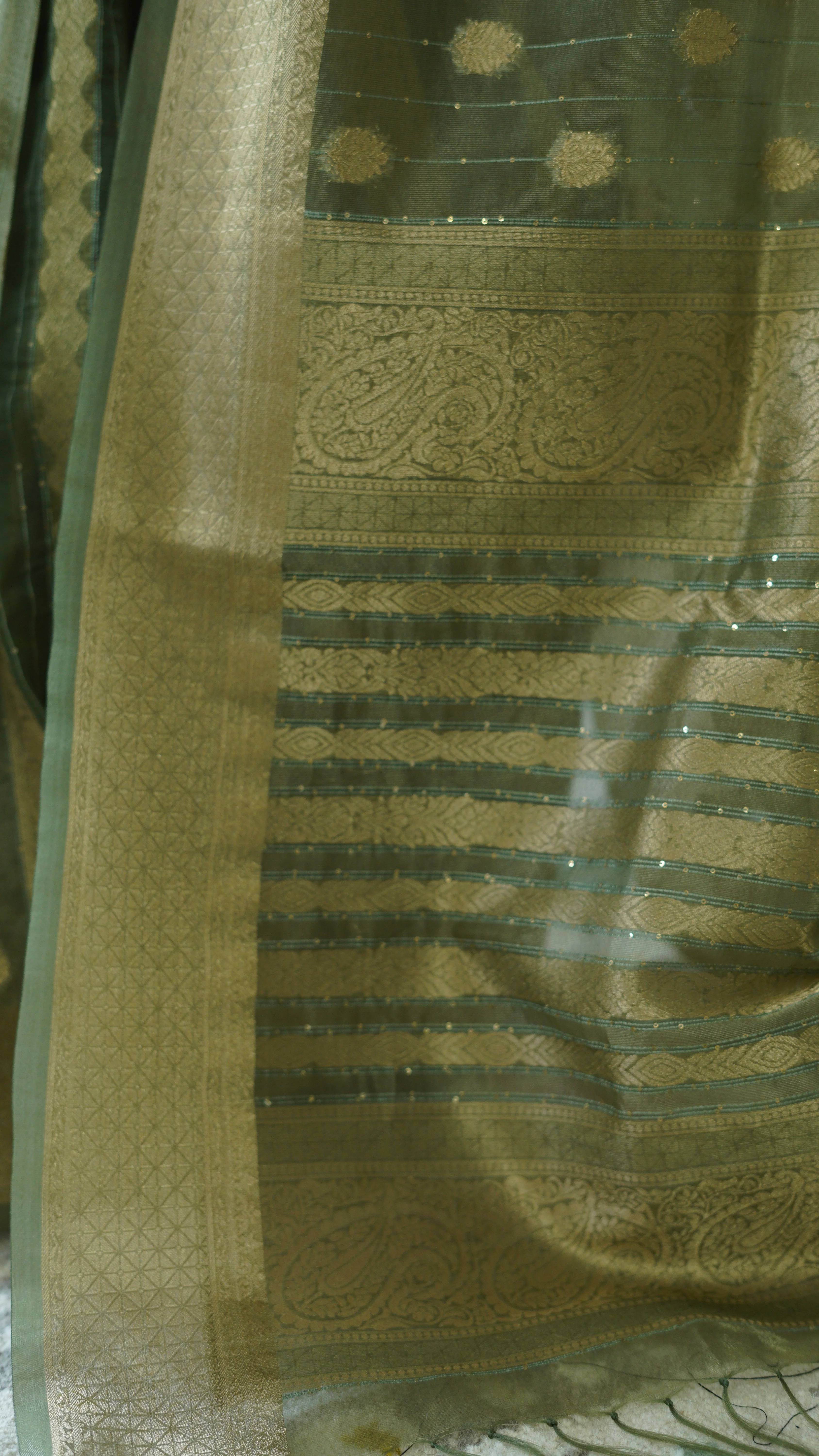 Olive Green Organza Tissue Saree with Blouse - Image 3