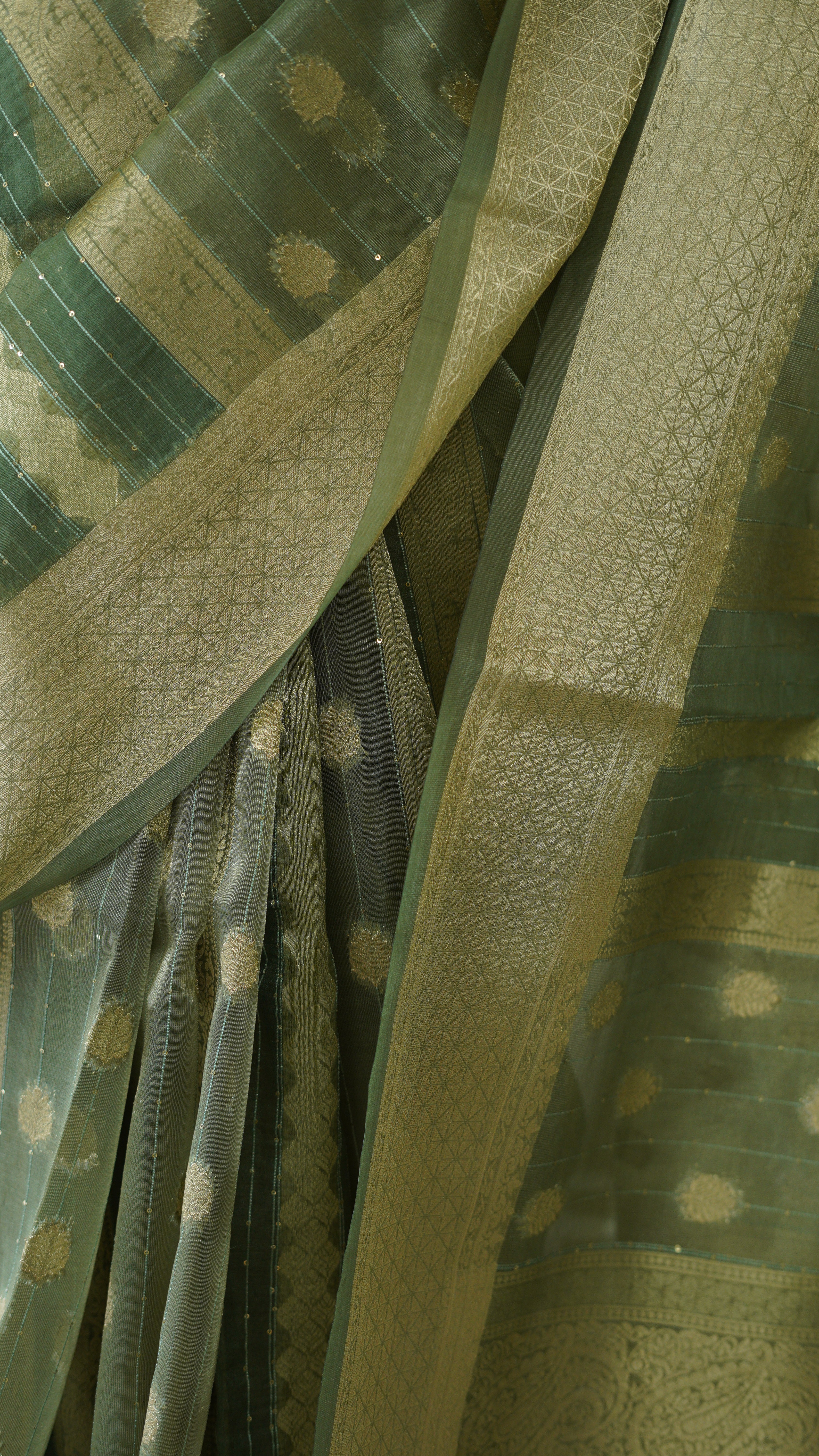 Olive Green Organza Tissue Saree with Blouse - Image 4