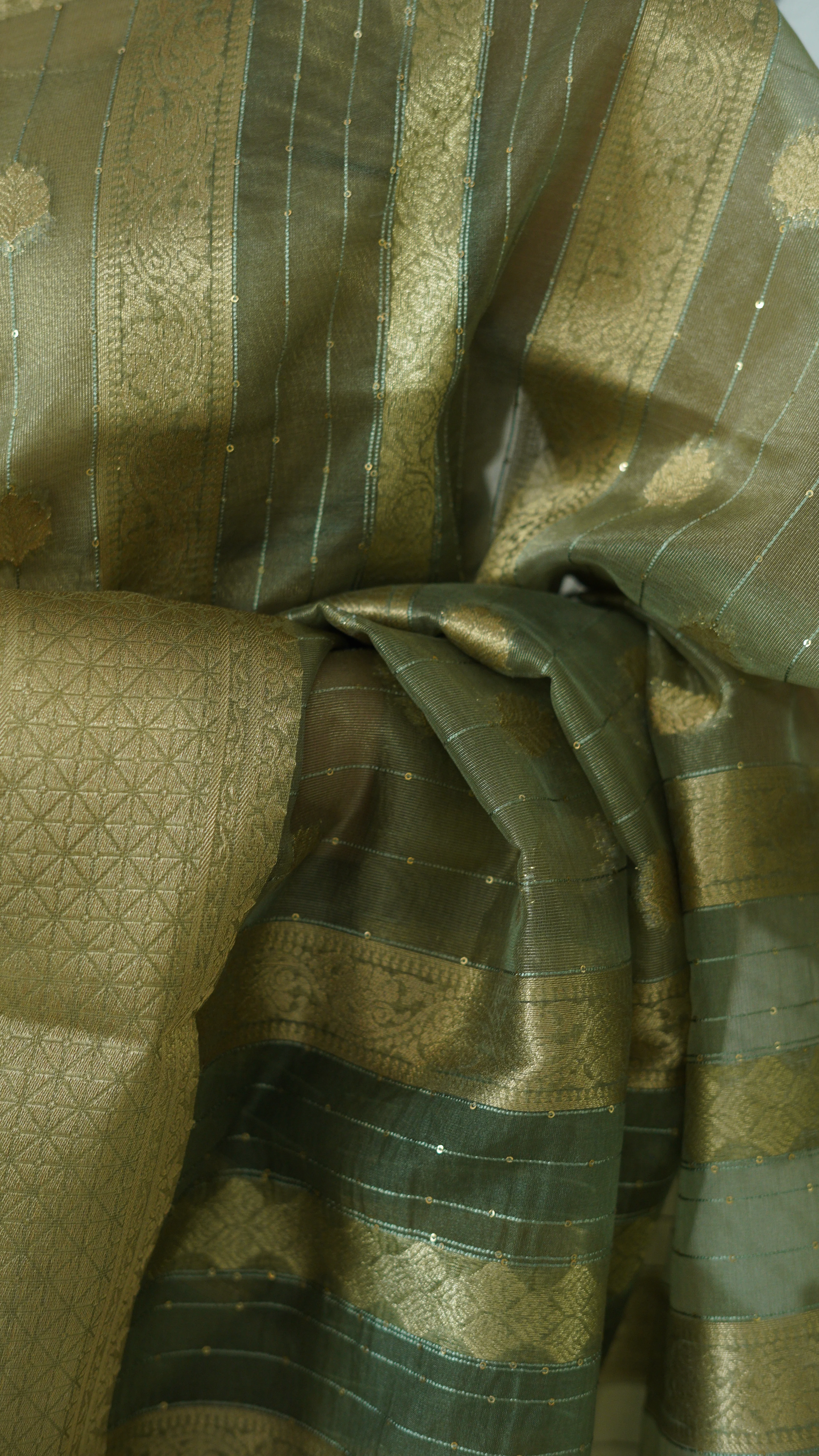 Olive Green Organza Tissue Saree with Blouse - Image 5