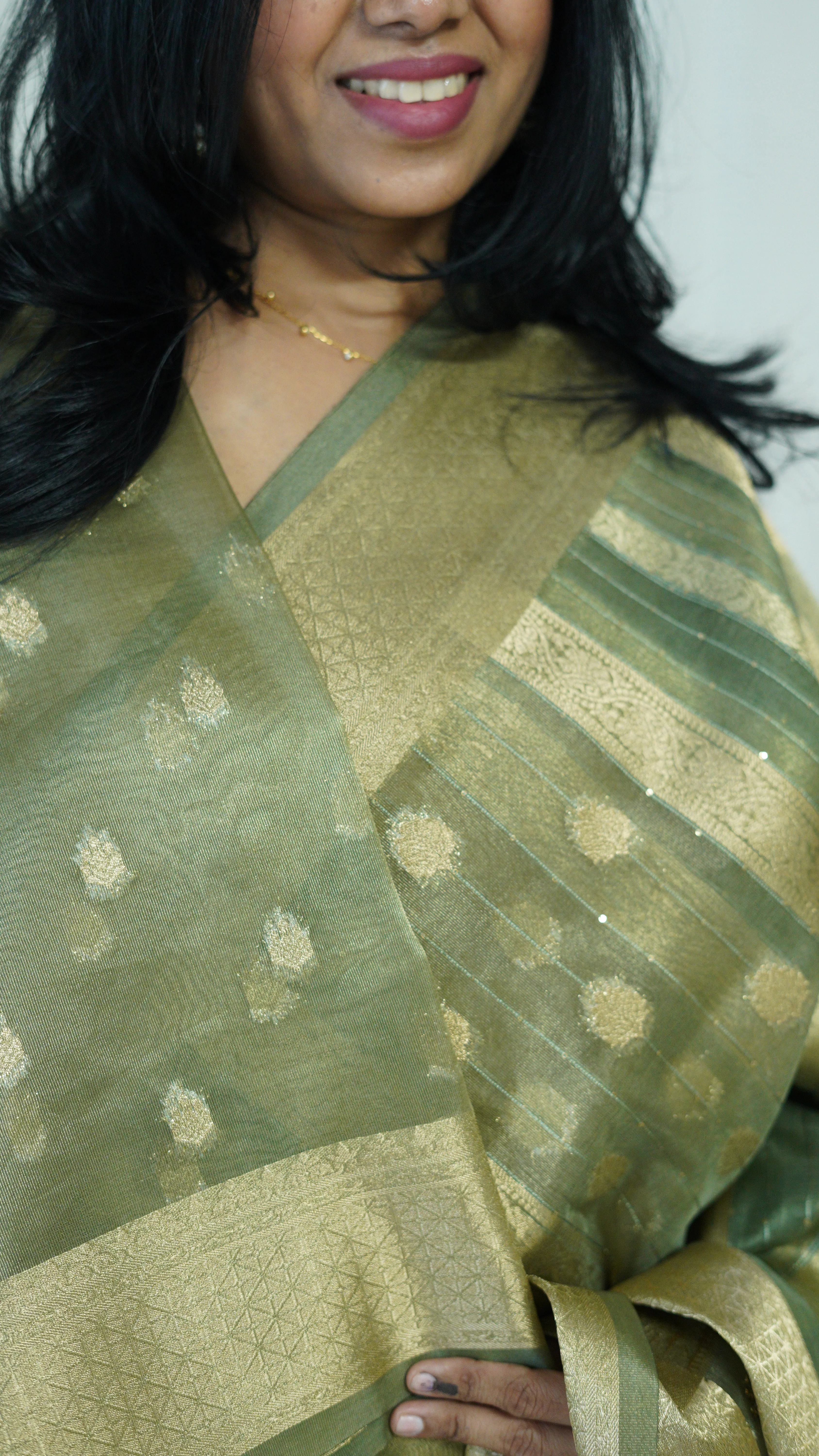 Olive Green Organza Tissue Saree with Blouse - Image 6
