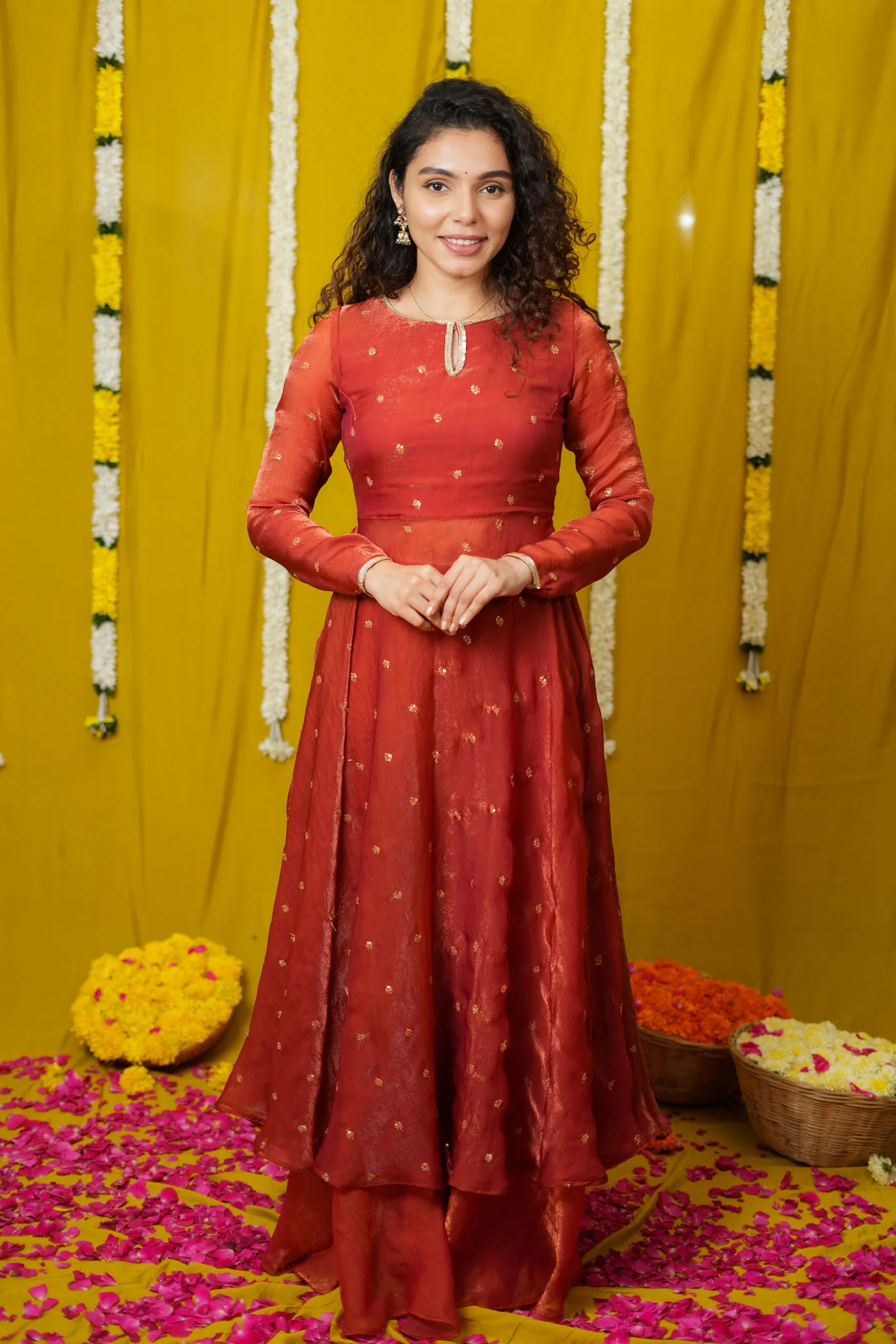 Pirainila Rust Orange Anarkali Kurta (Set of 2) - Image 2