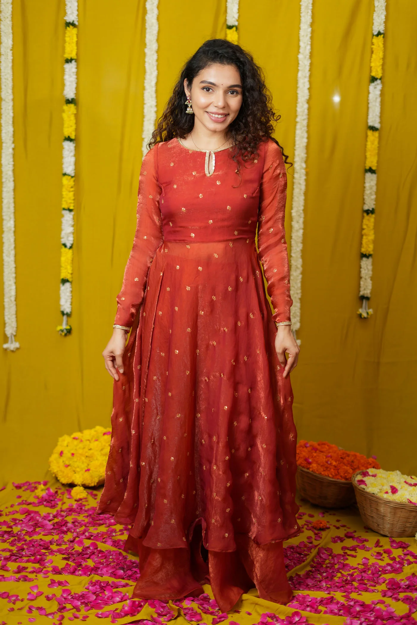 Pirainila Rust Orange Anarkali Kurta (Set of 2) - Image 3