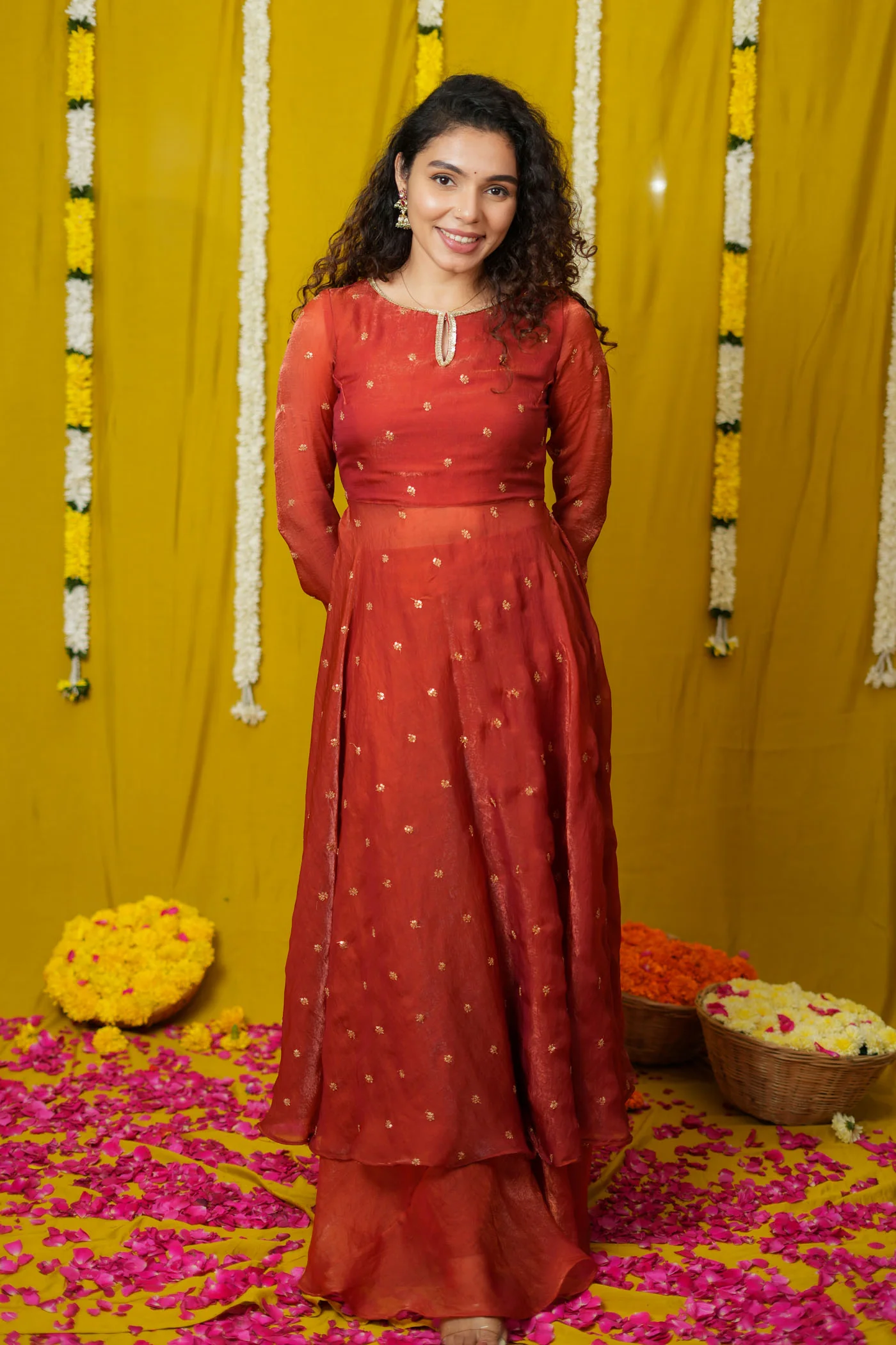 Pirainila Rust Orange Anarkali Kurta (Set of 2) - Image 4