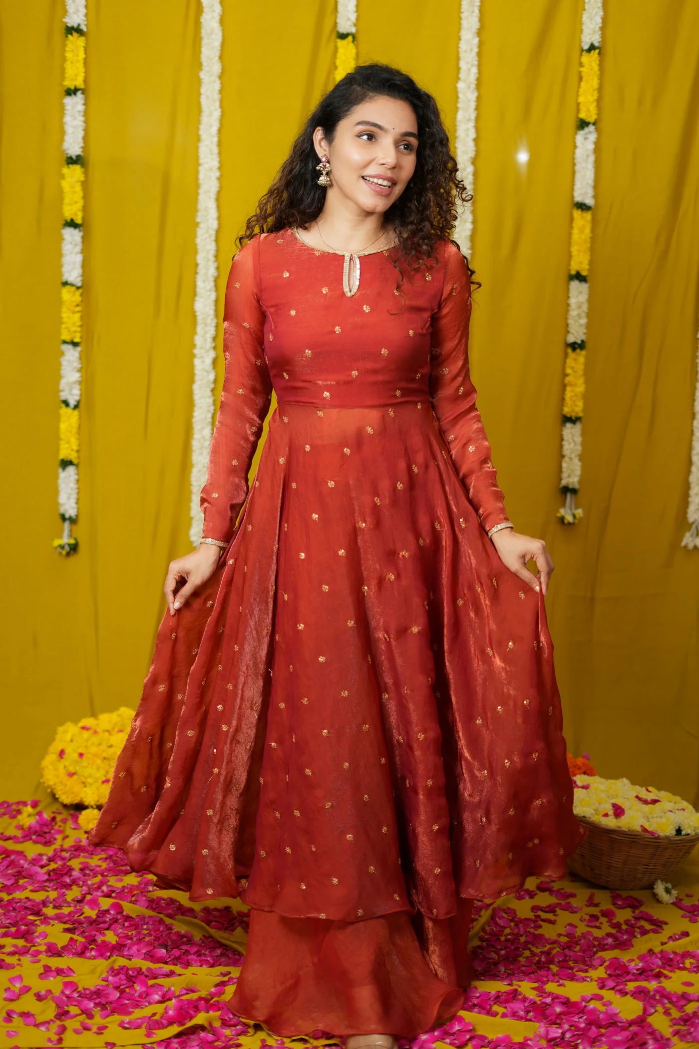 Pirainila Rust Orange Anarkali Kurta (Set of 2) - Image 5