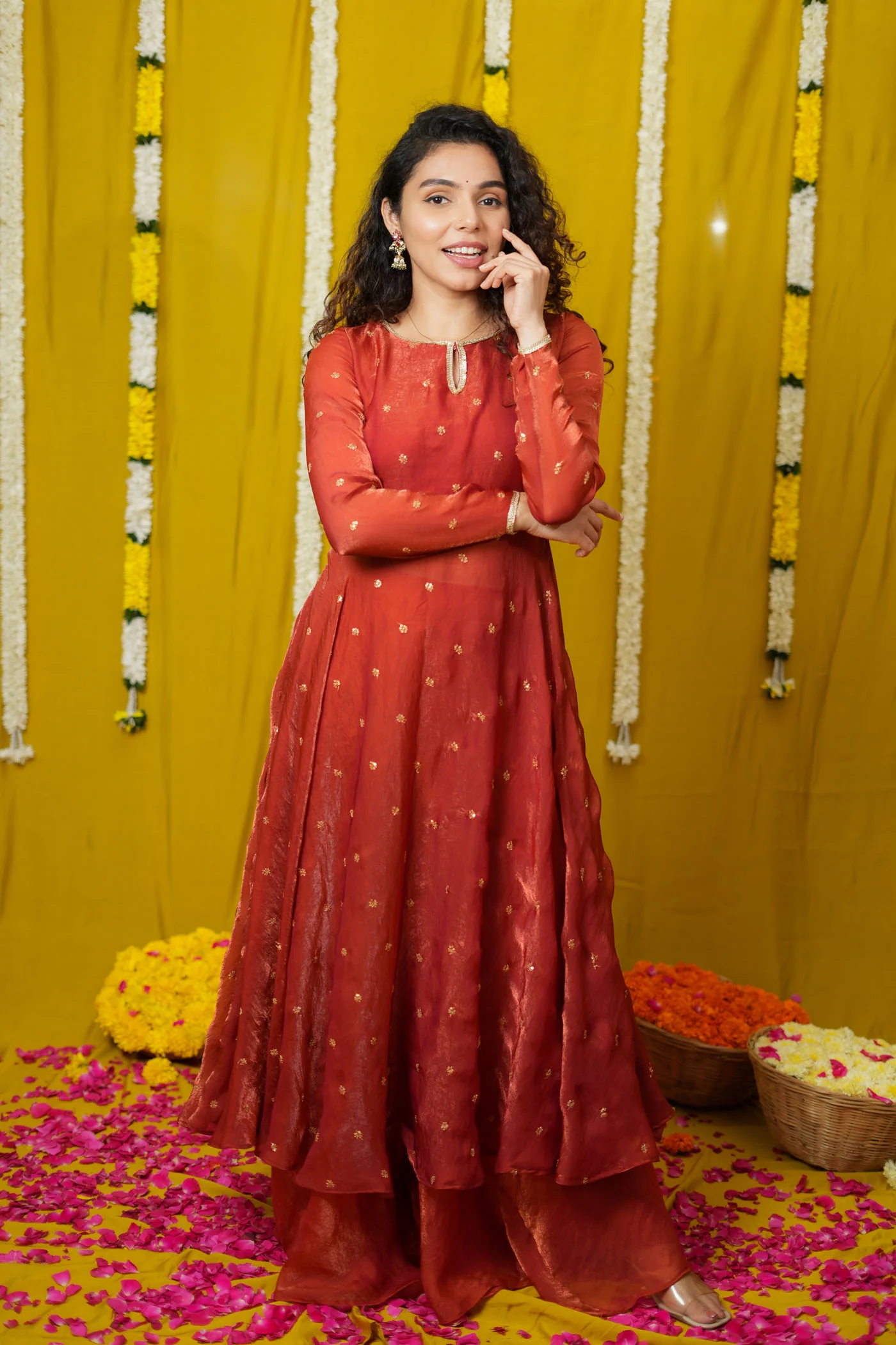 Pirainila Rust Orange Anarkali Kurta (Set of 2) - Image 6