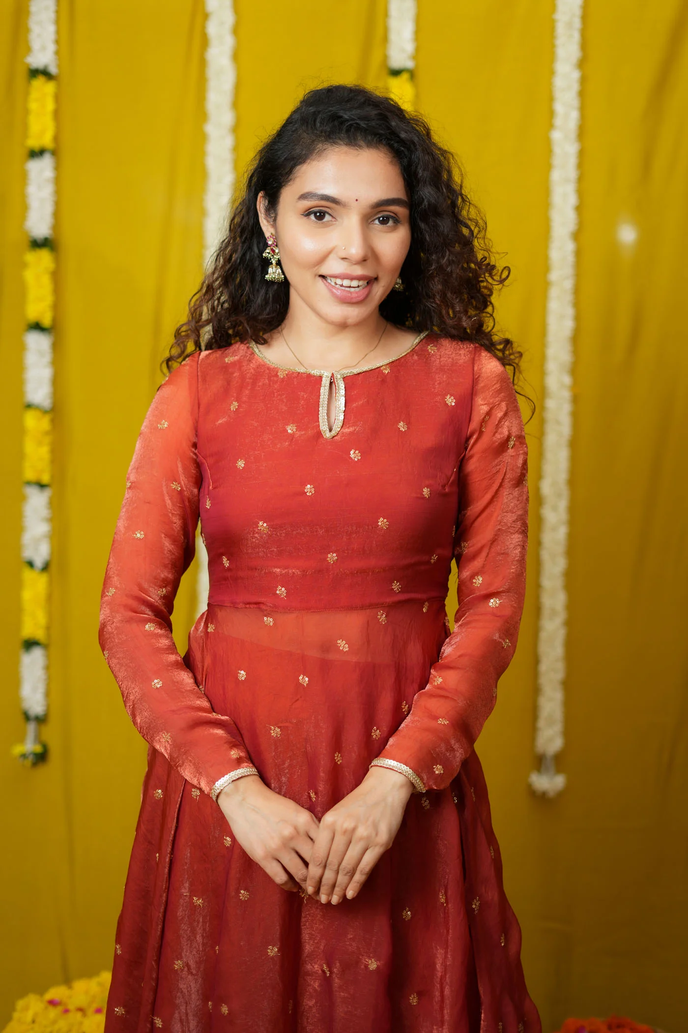 Pirainila Rust Orange Anarkali Kurta (Set of 2) - Image 7