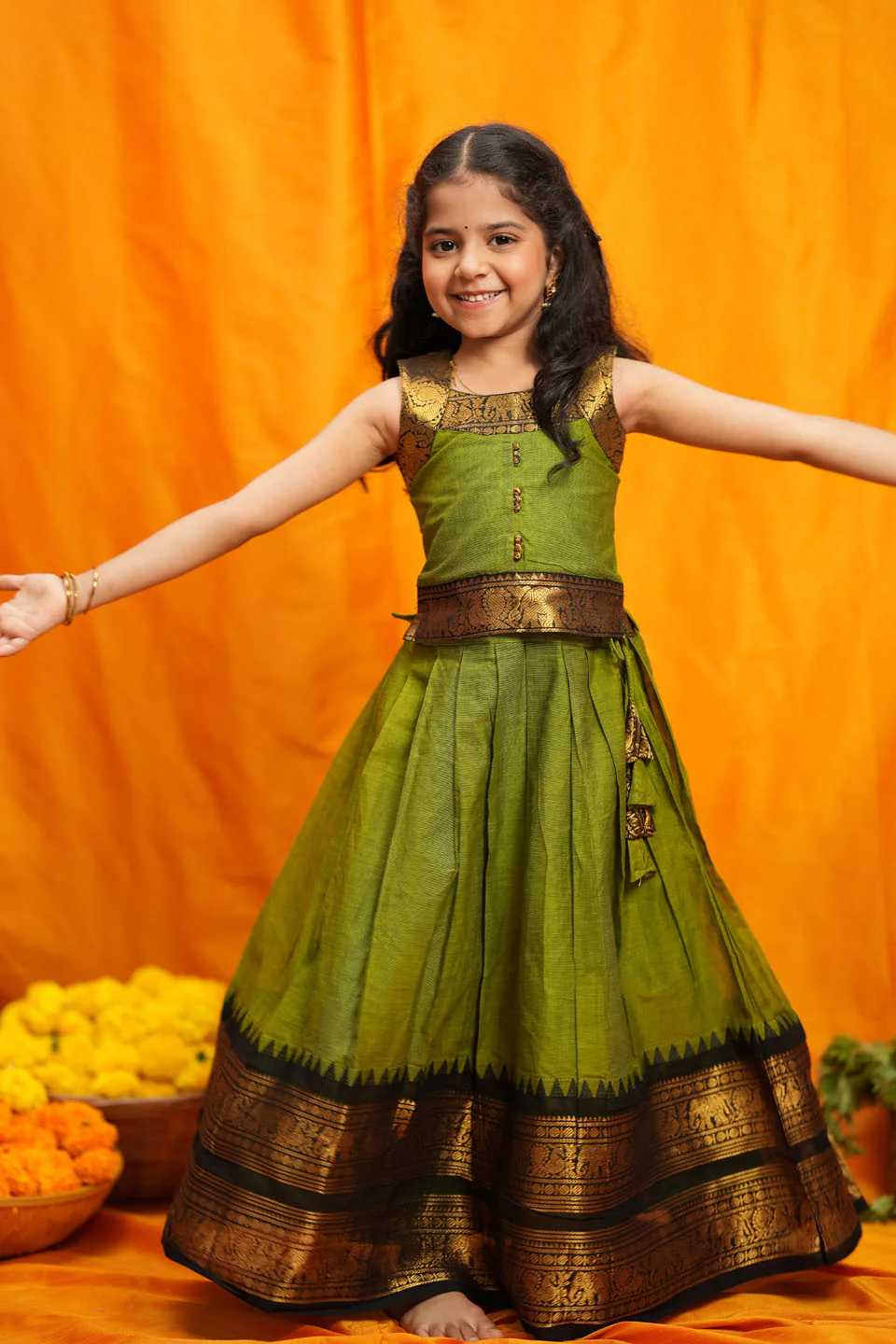 Prisha Olive Green Kids Pattu Pavadai Mini - Image 9