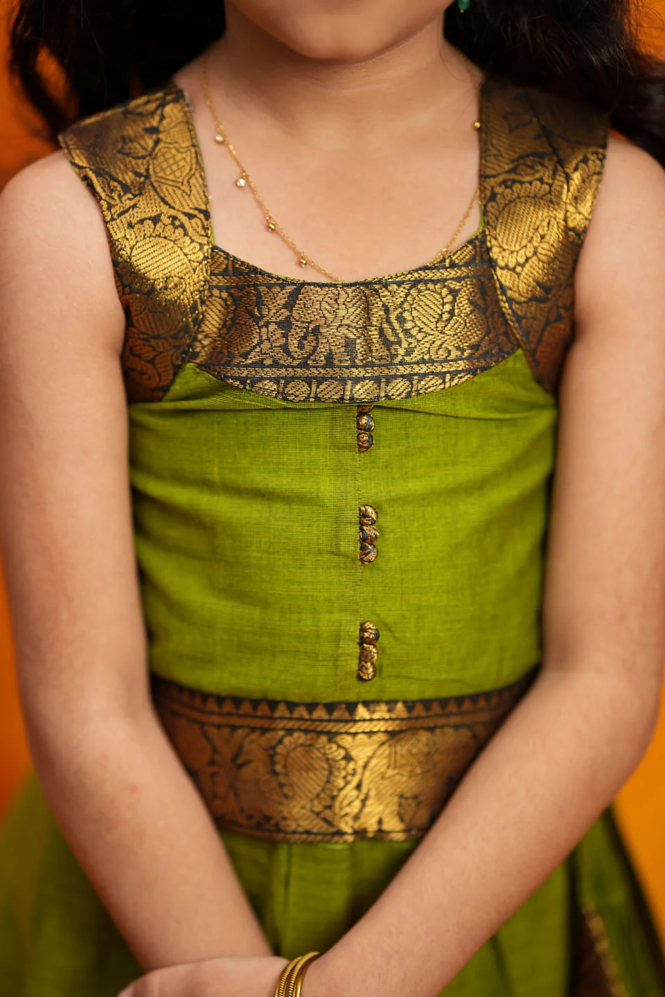 Prisha Olive Green Kids Pattu Pavadai Mini - Image 5