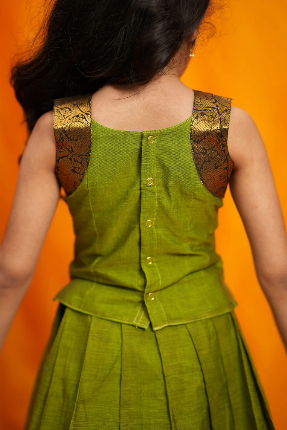 Prisha Olive Green Kids Pattu Pavadai Mini - Image 6