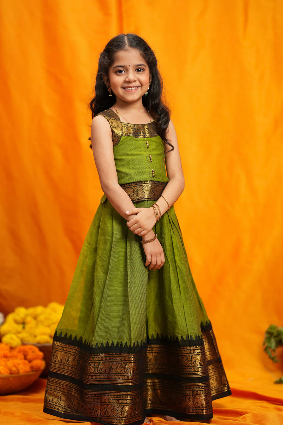 Prisha Olive Green Kids Pattu Pavadai Mini - Image 7
