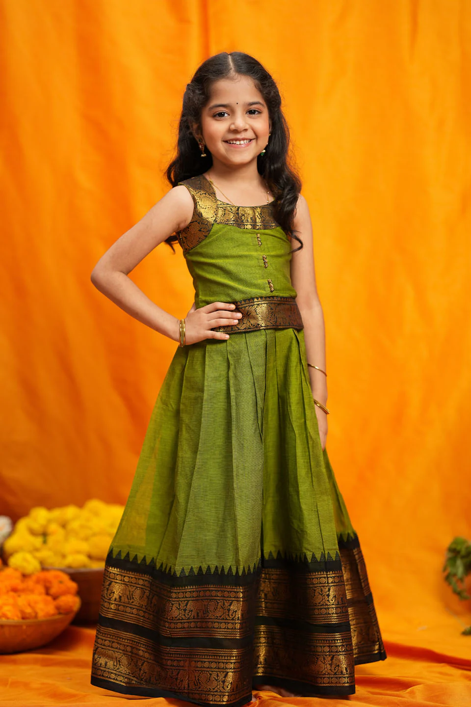 Prisha Olive Green Kids Pattu Pavadai Mini - Image 8