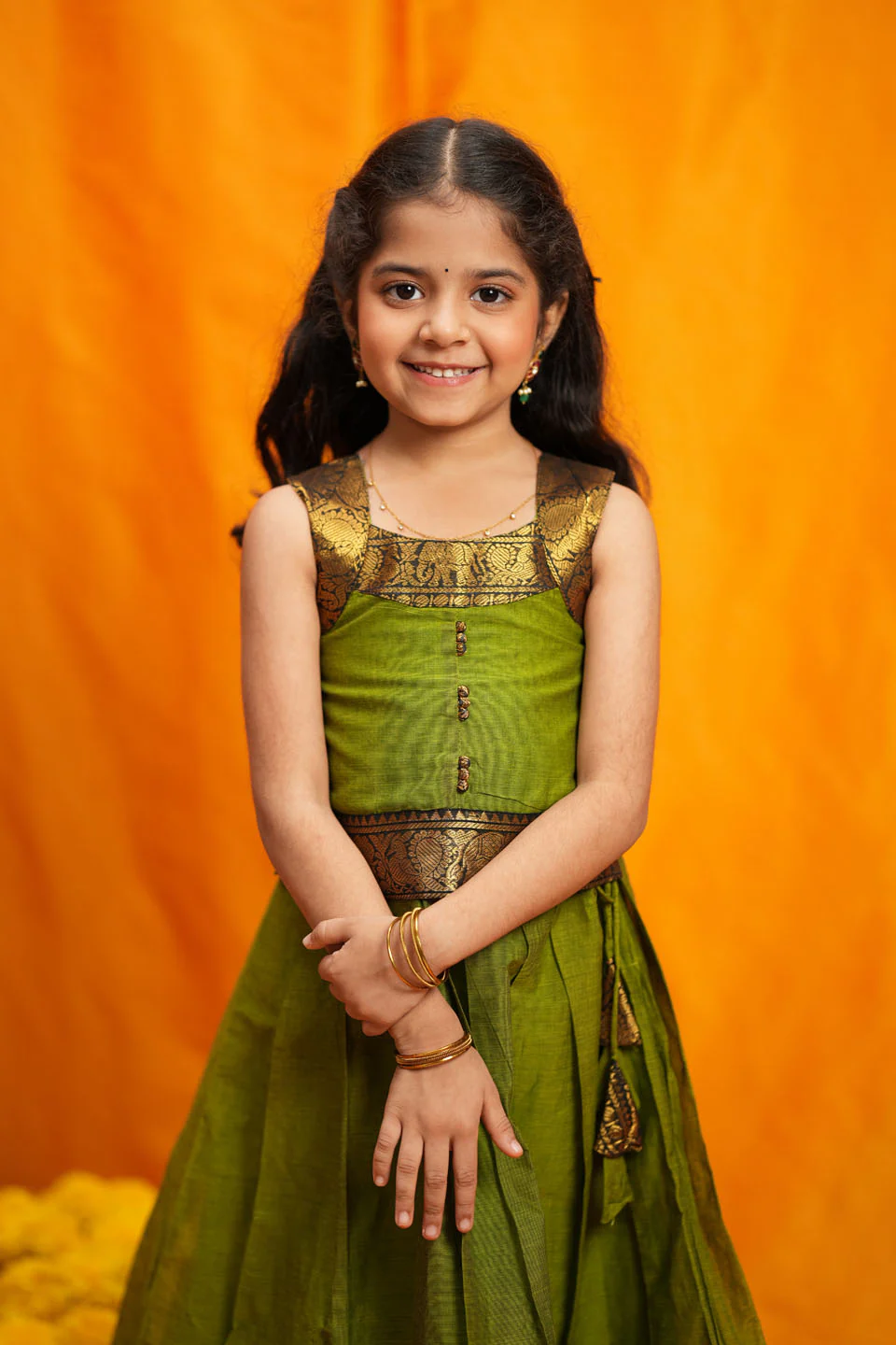 Prisha Olive Green Kids Pattu Pavadai Mini - Image 3