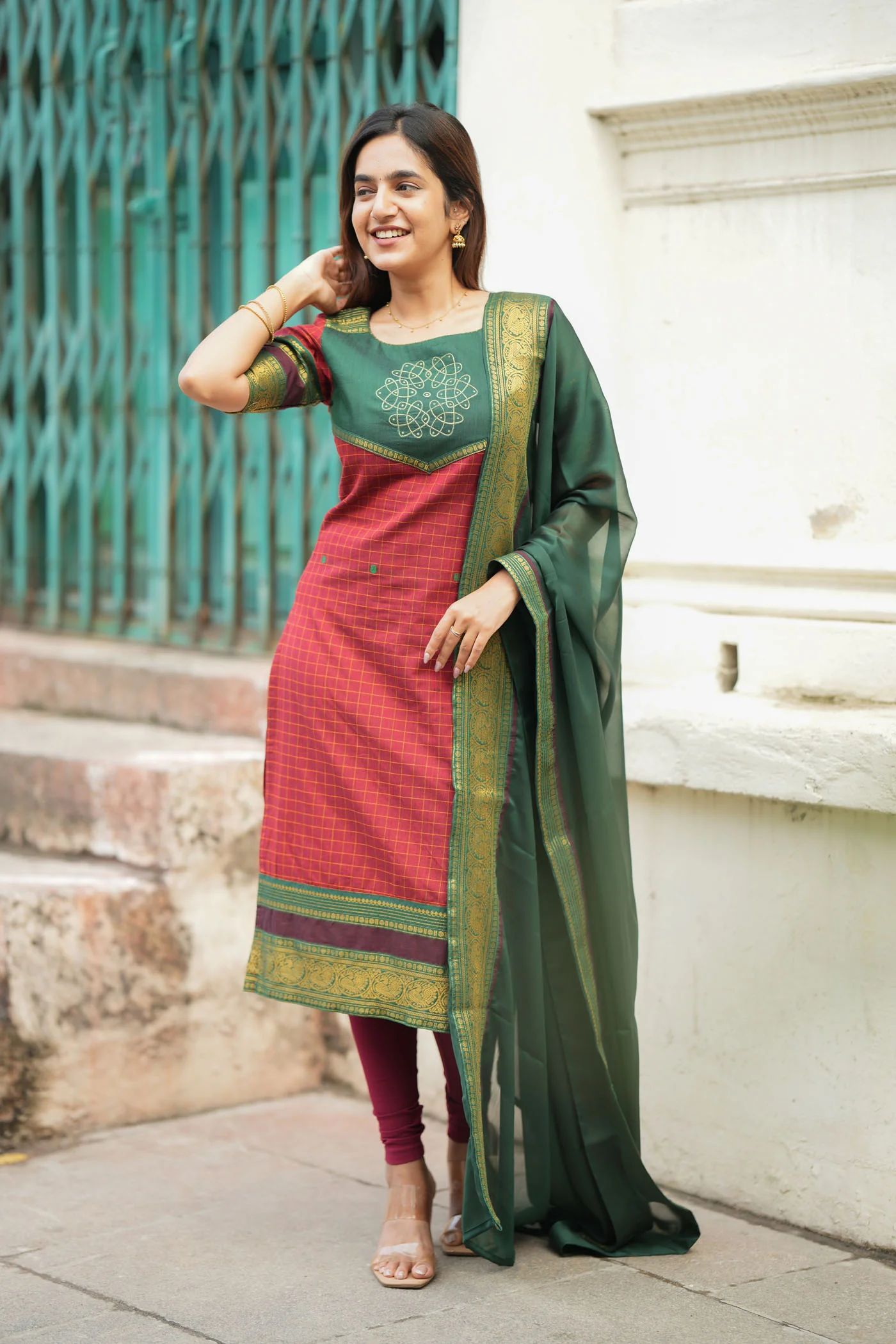 Sana Red Checks Kurti Set (Set of 2 ) - Image 2