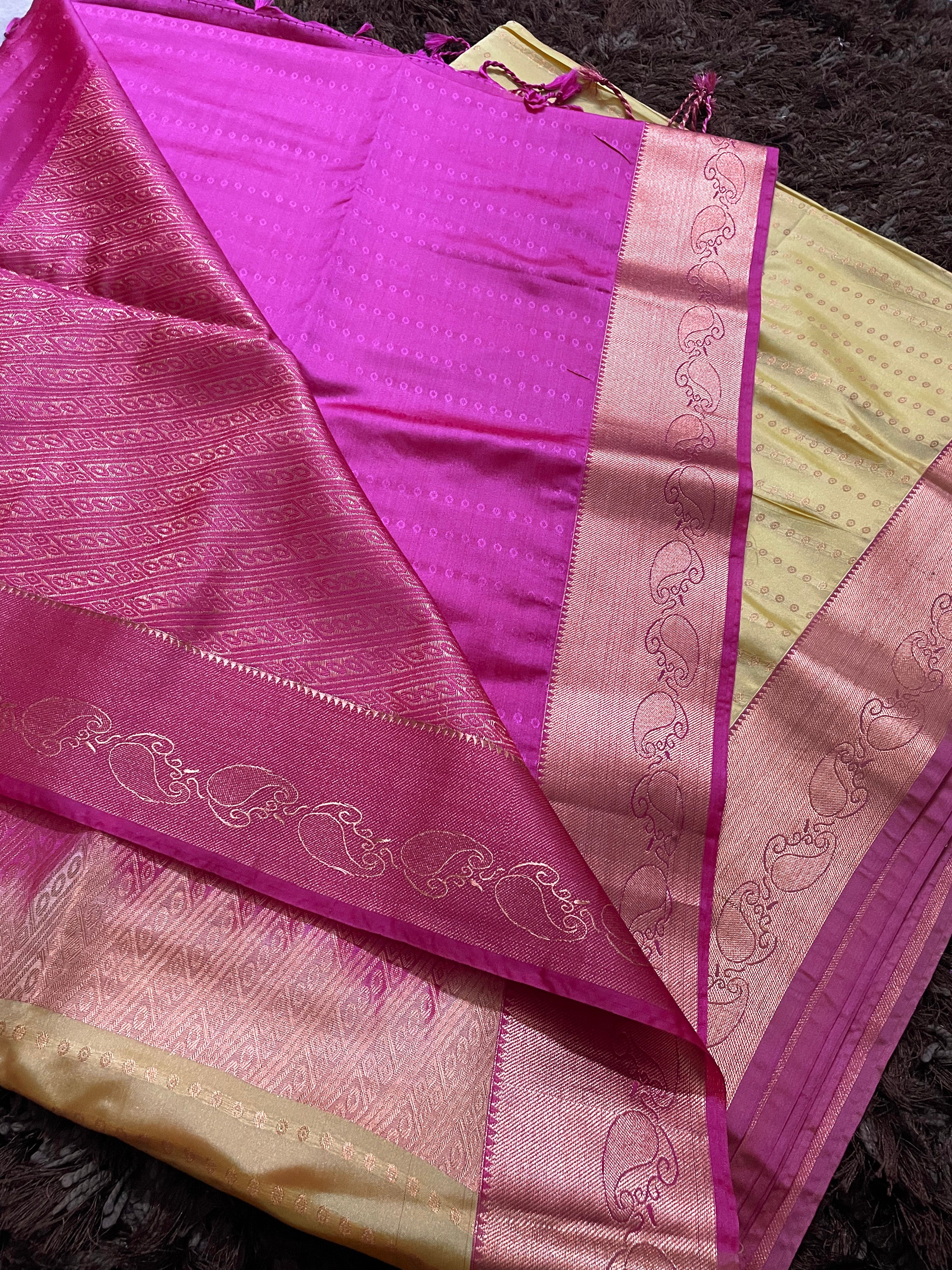 Sarita \ 02\ Light yellow Butti Saree With Rani Pink - Image 3