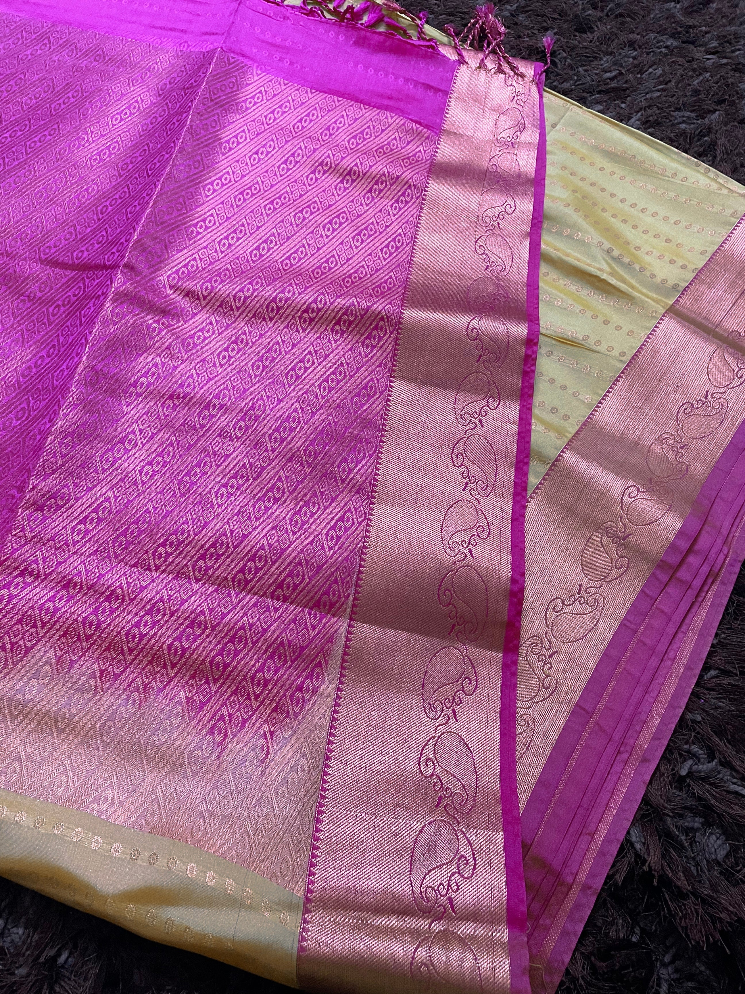 Sarita \ 02\ Light yellow Butti Saree With Rani Pink - Image 4
