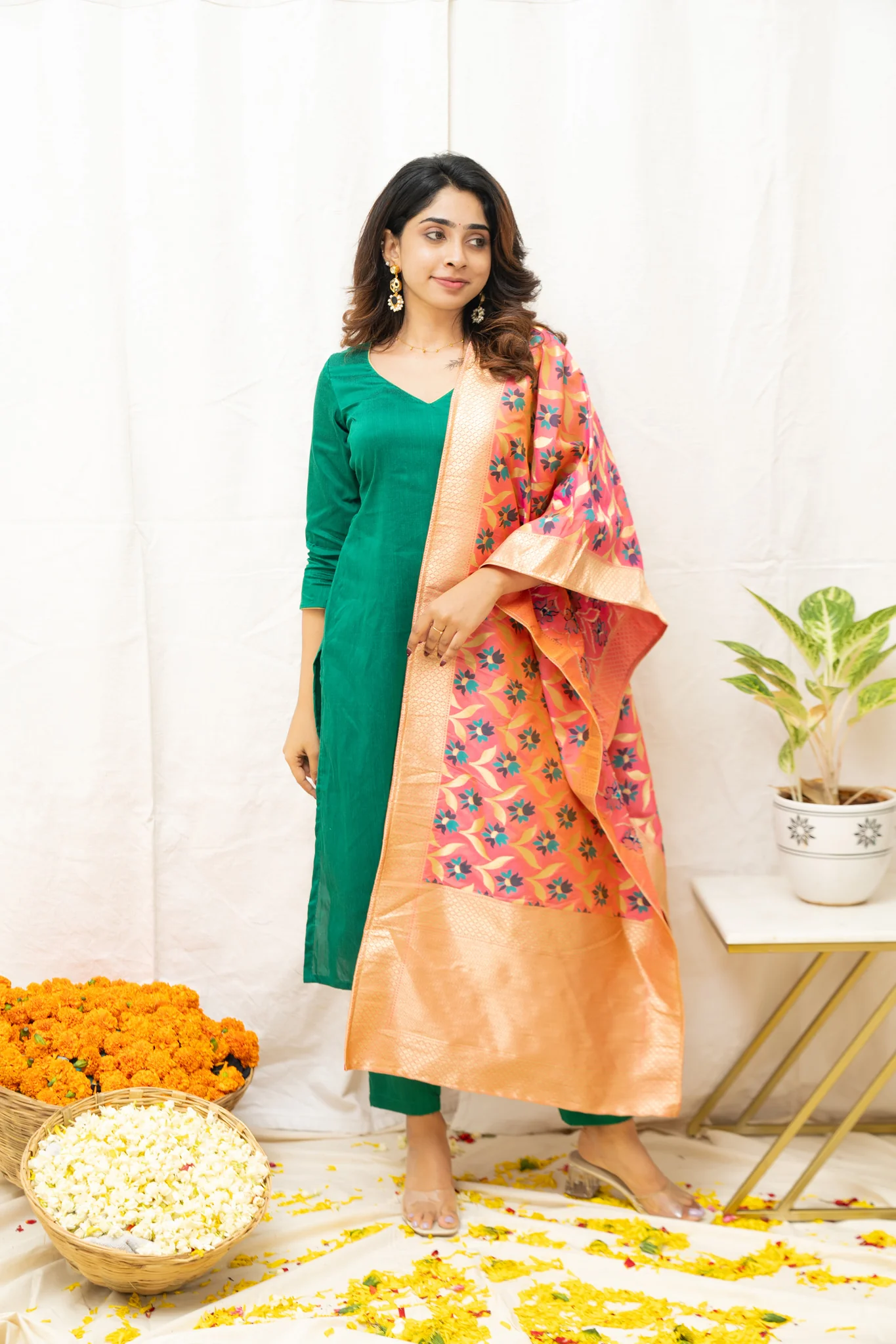Sruthi Green with Peach Floral dupatta - Image 7