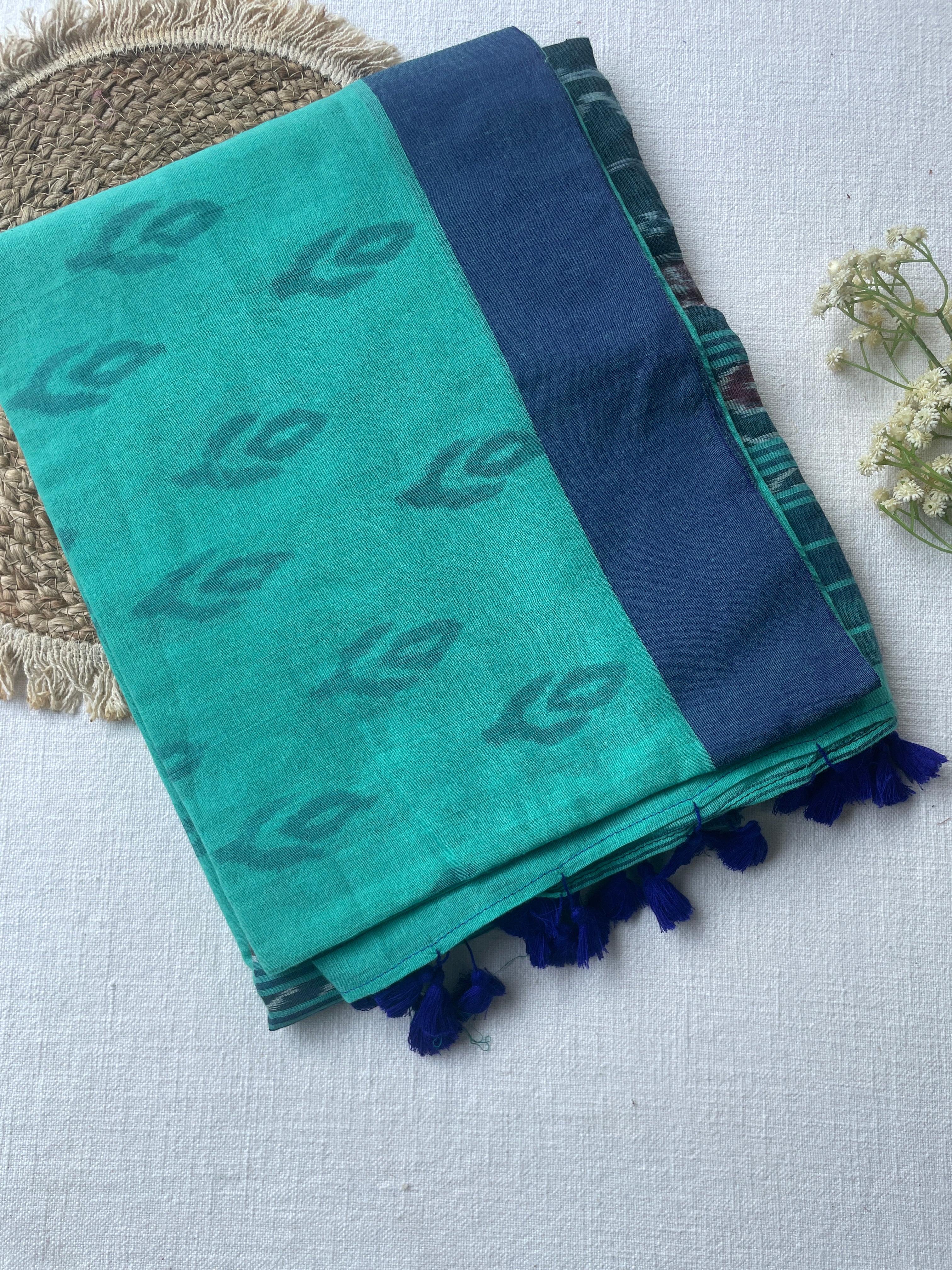 Teal & Navy Ikat Mul Cotton Saree - Image 4