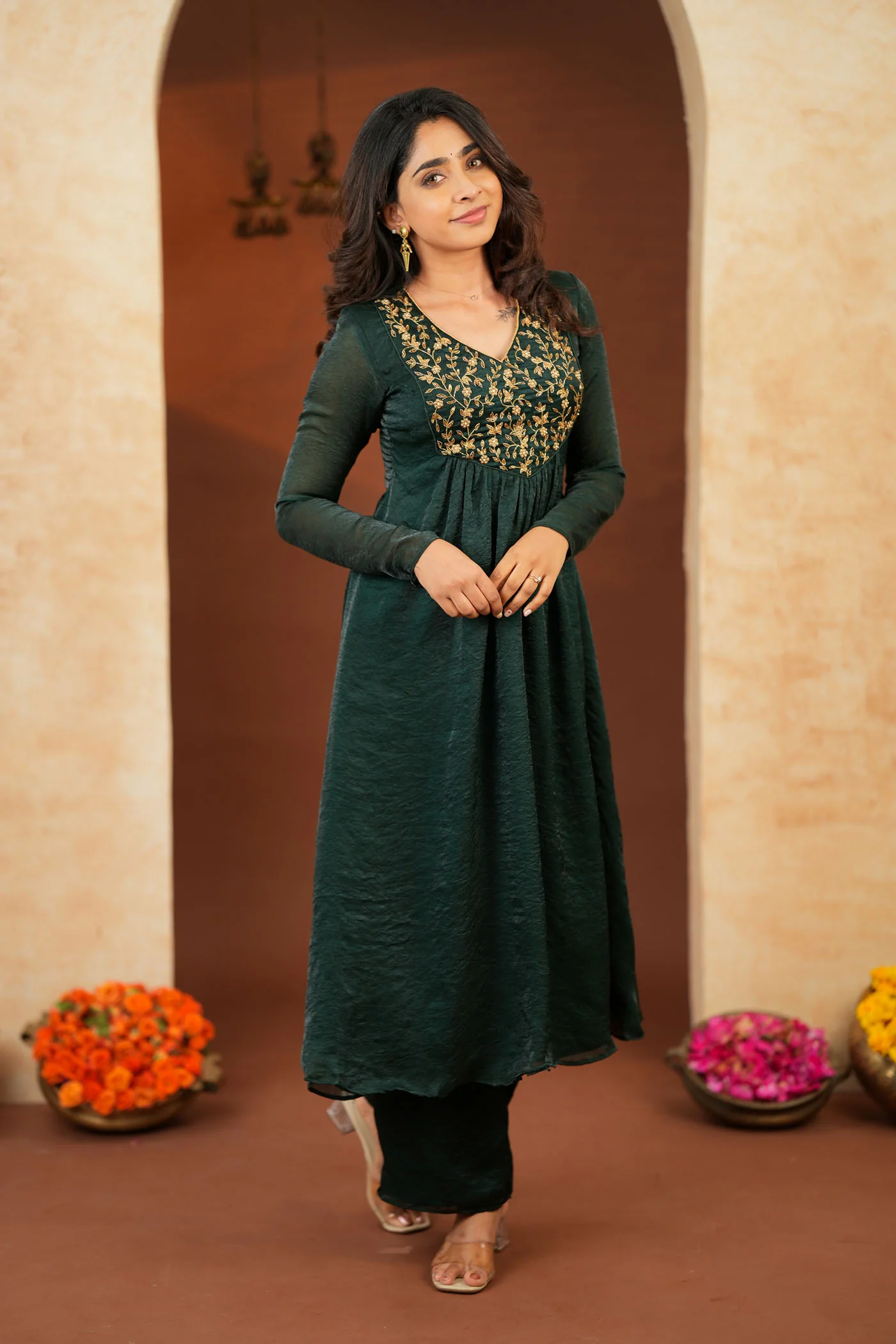 Upasanna Bottle Green Kurta Set (Set of 2) - Image 3