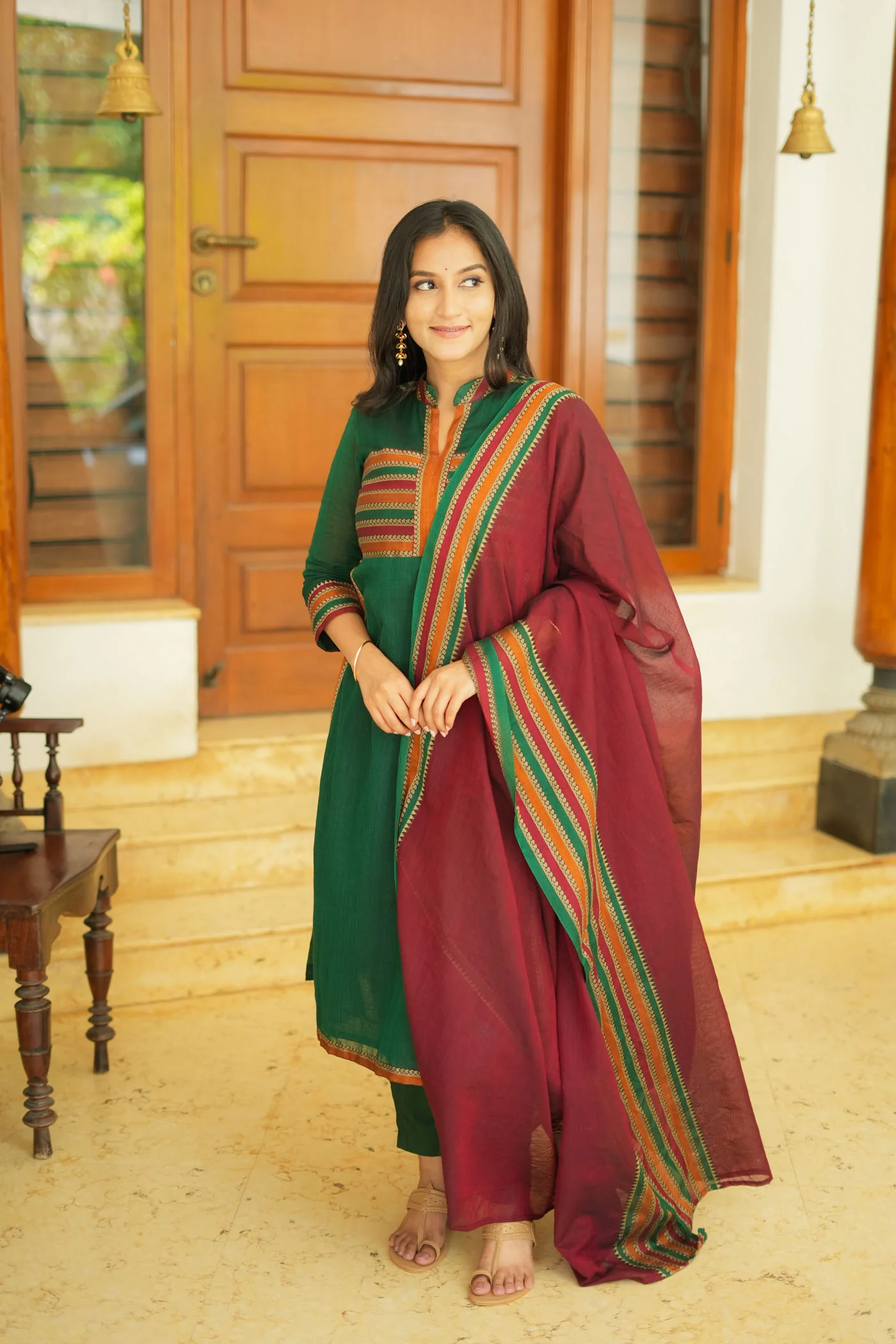 Vanika Green with Maroon Handloom Kurta Set - Image 4