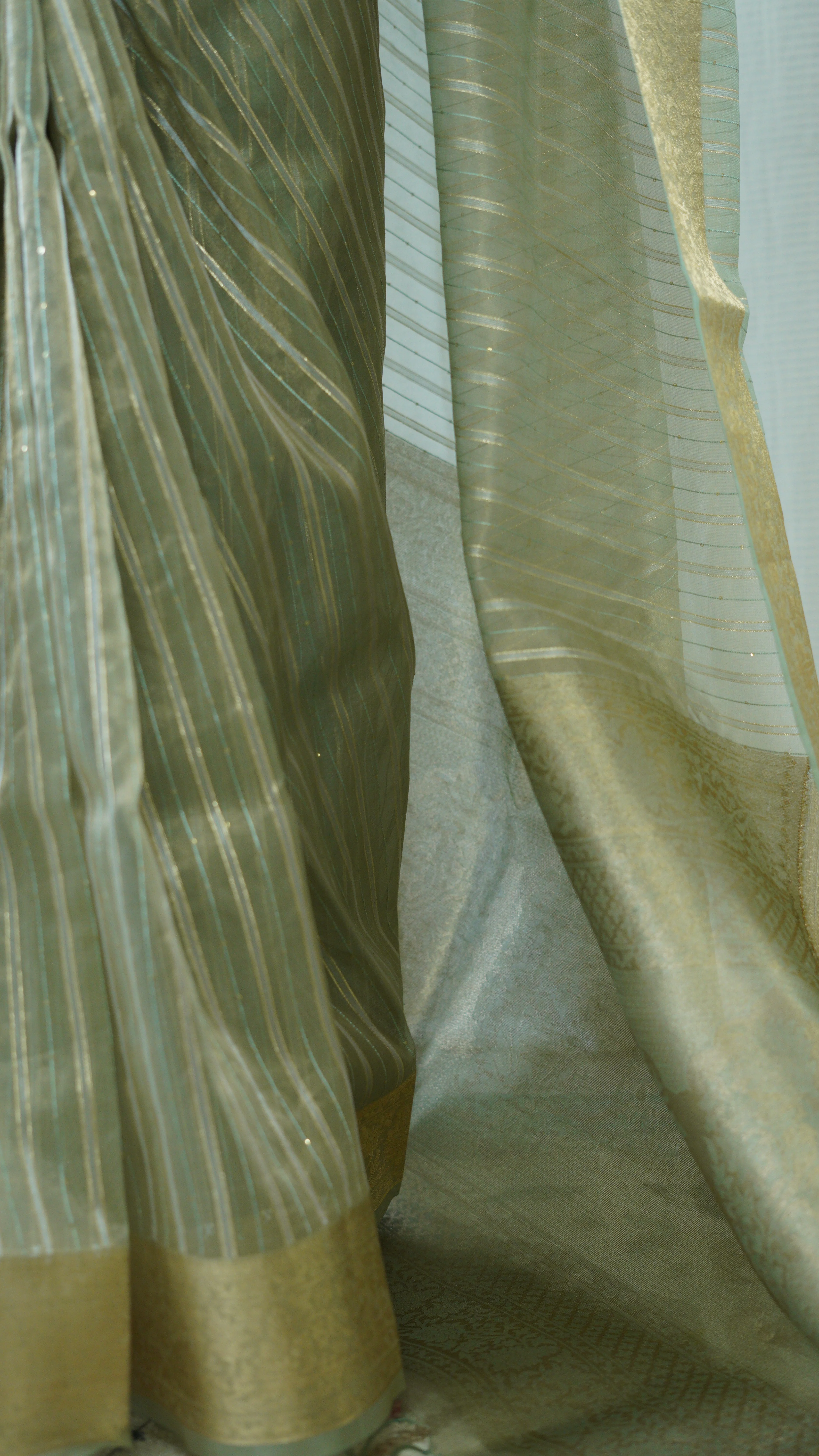 Pastel Green Organza Tissue Saree with Blouse - Image 3