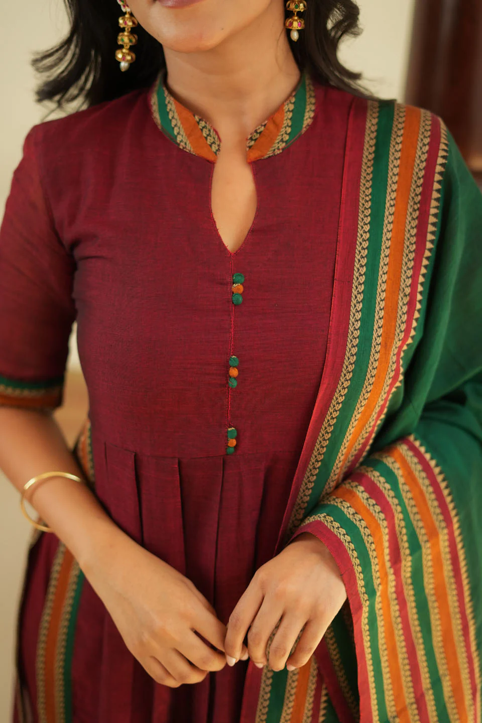 Yashika Maroon with Green Handloom Cotton Kurta Set - Image 3