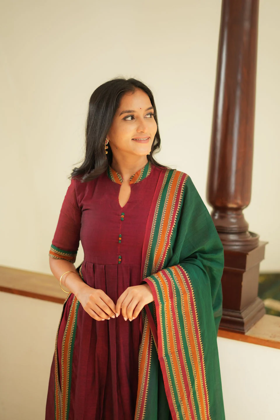 Yashika Maroon with Green Handloom Cotton Kurta Set - Image 4