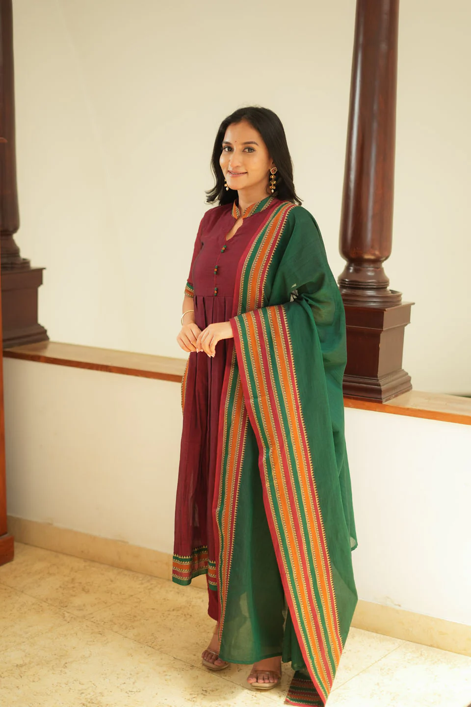 Yashika Maroon with Green Handloom Cotton Kurta Set - Image 7