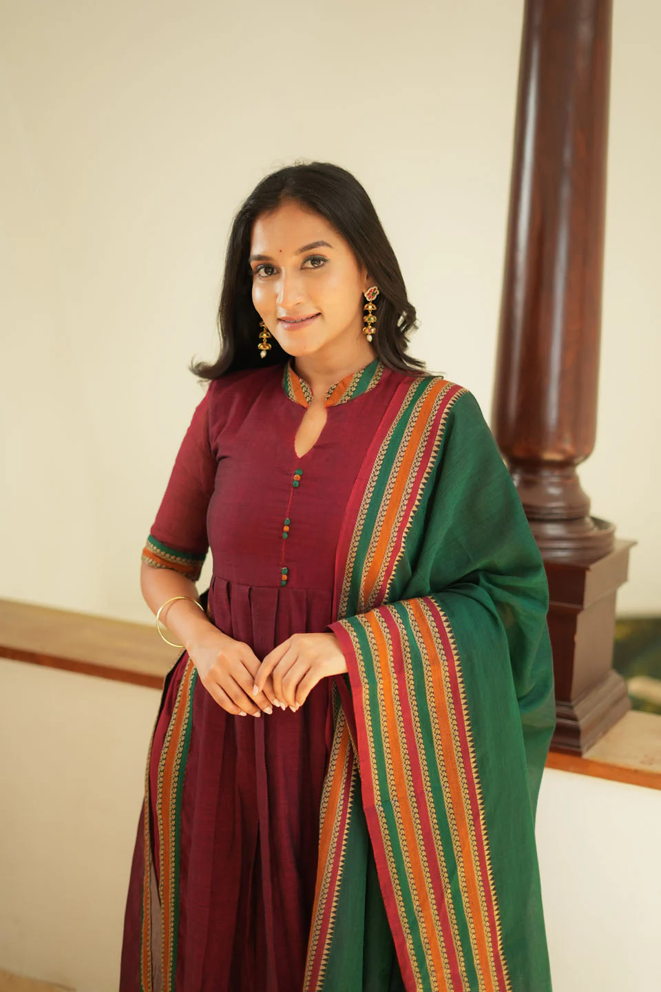 Yashika Maroon with Green Handloom Cotton Kurta Set - Image 8
