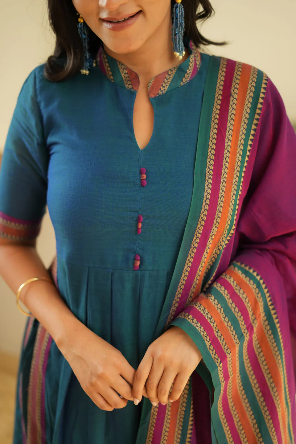 Yashika Teal with Magenta Handloom Cotton Kurta Set - Image 7